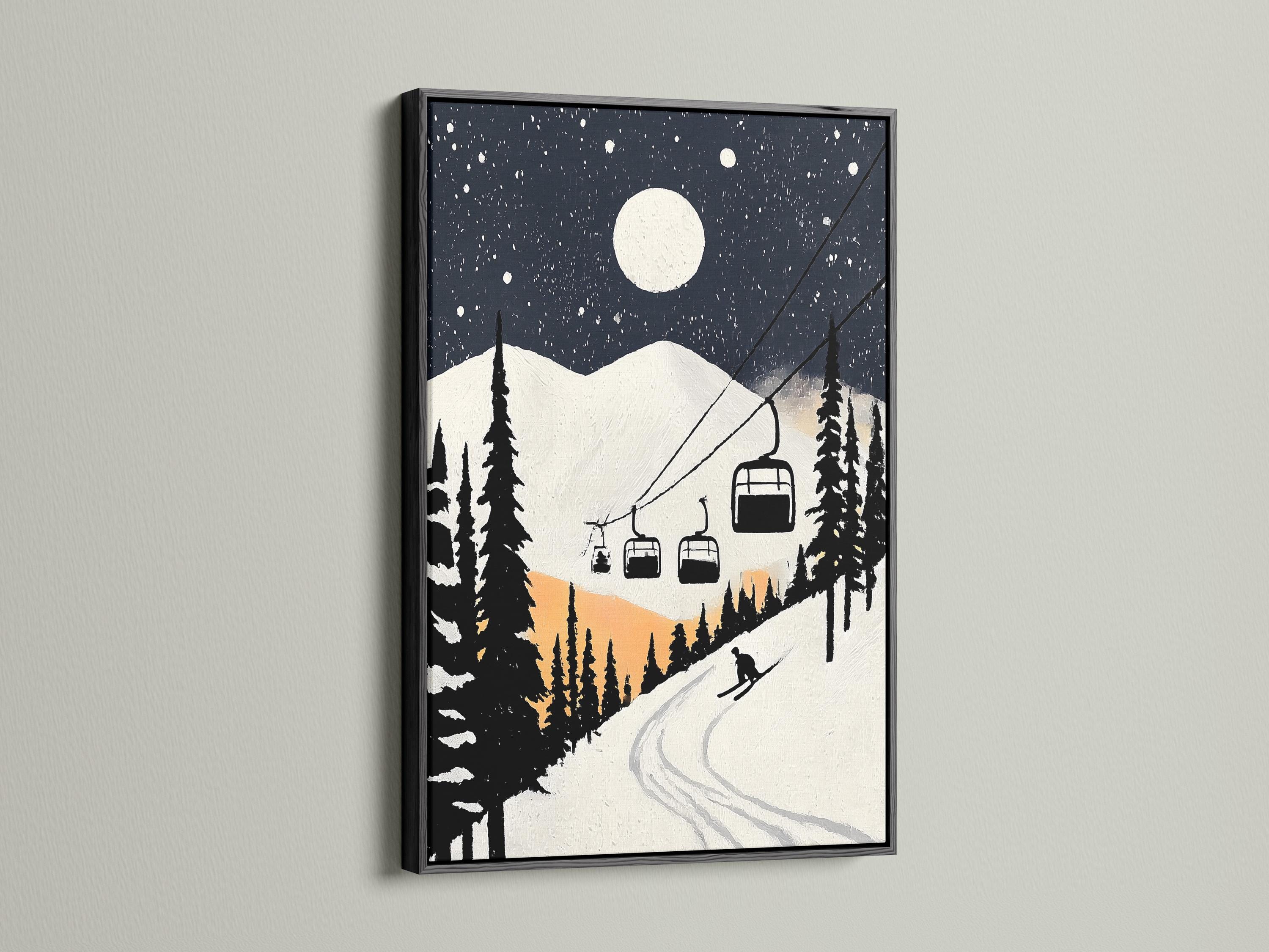 Moonlit snowy ski-lodge artwork mockup with dark pines, falling snow, chairlift cabins and a winding ski track