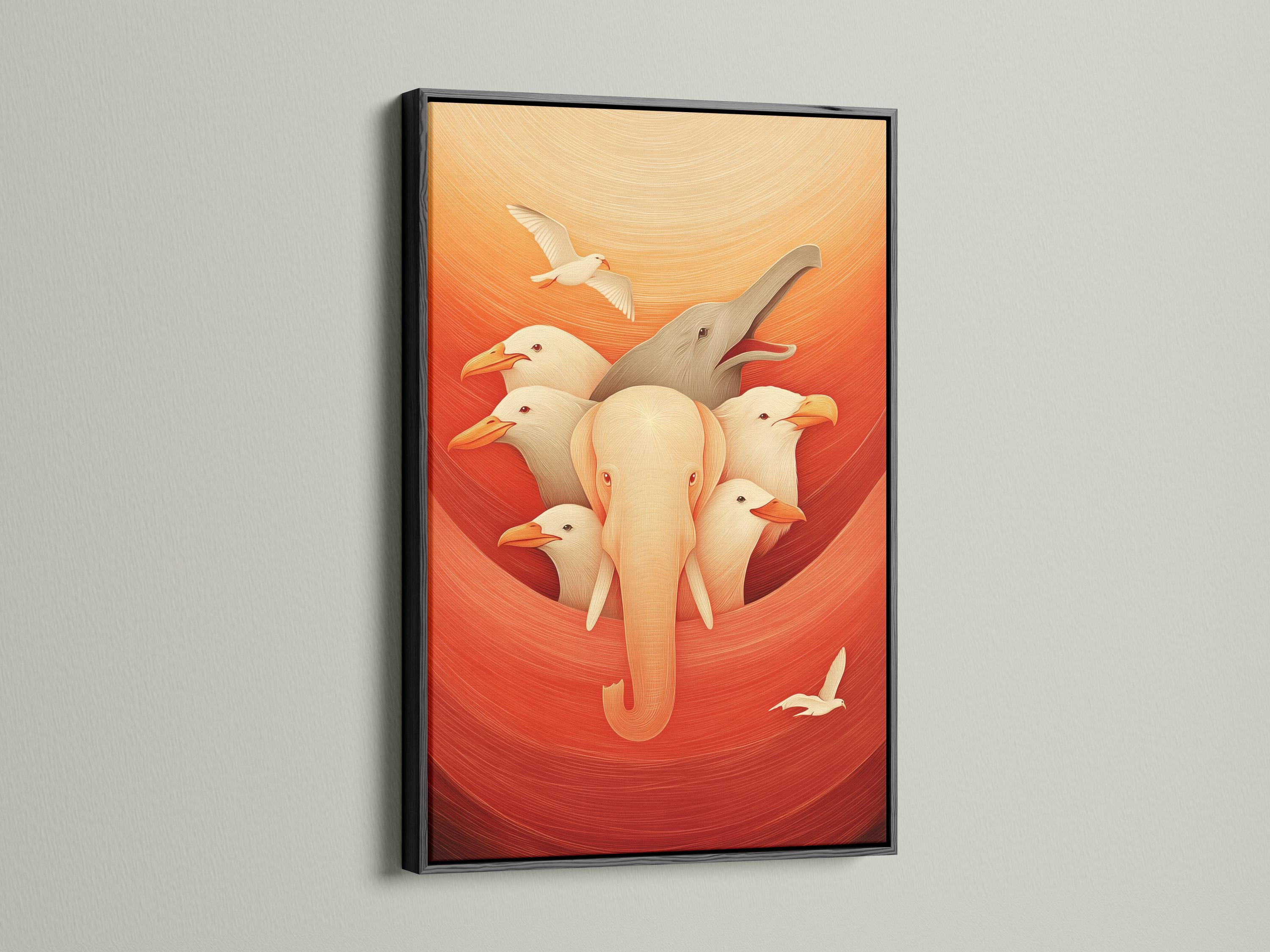 Elephant and bird wall art in a framed artwork mockup on a light background