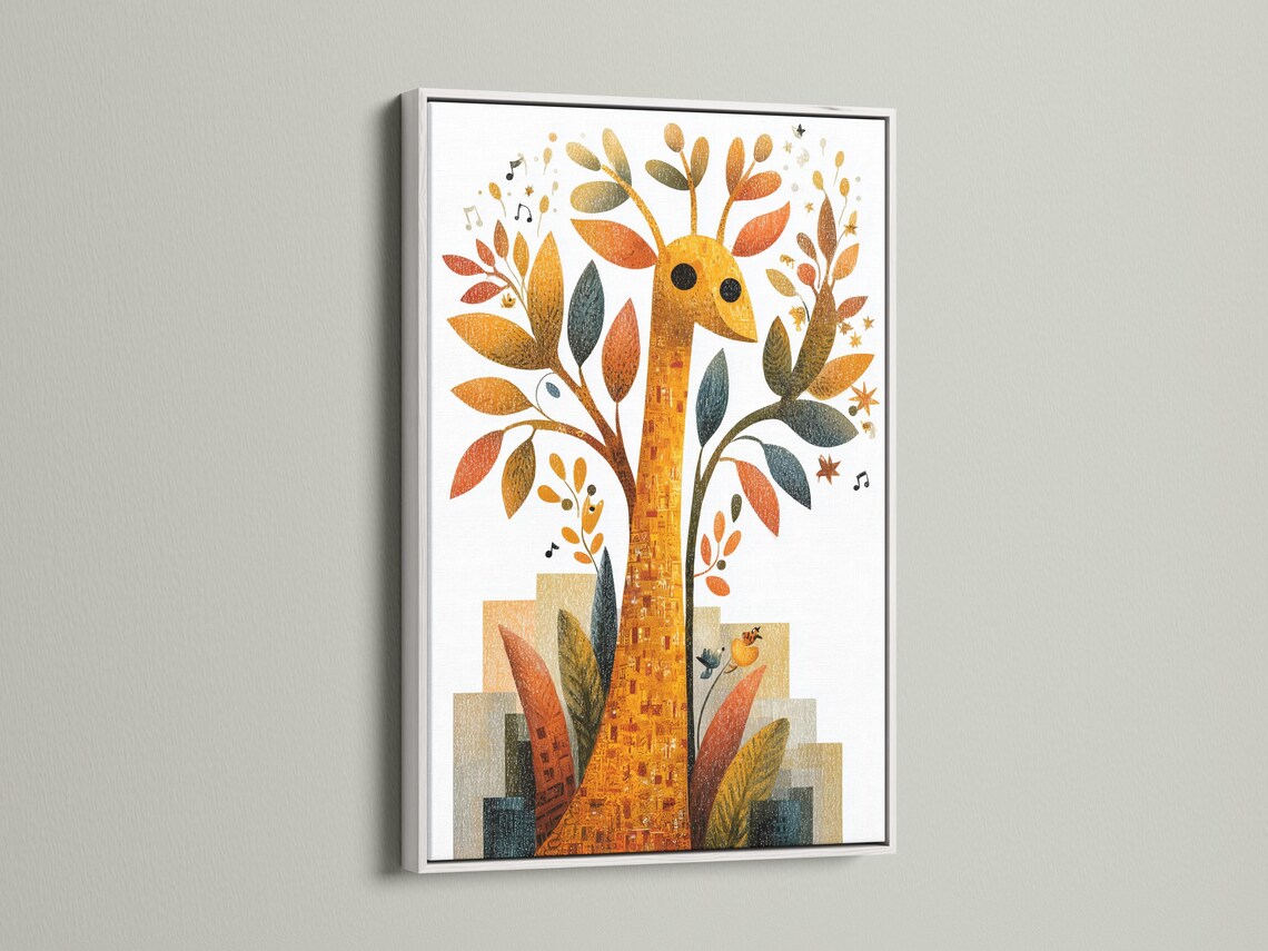 Framed giraffe and tree illustration with gold, orange and teal leaves plus music notes detail view