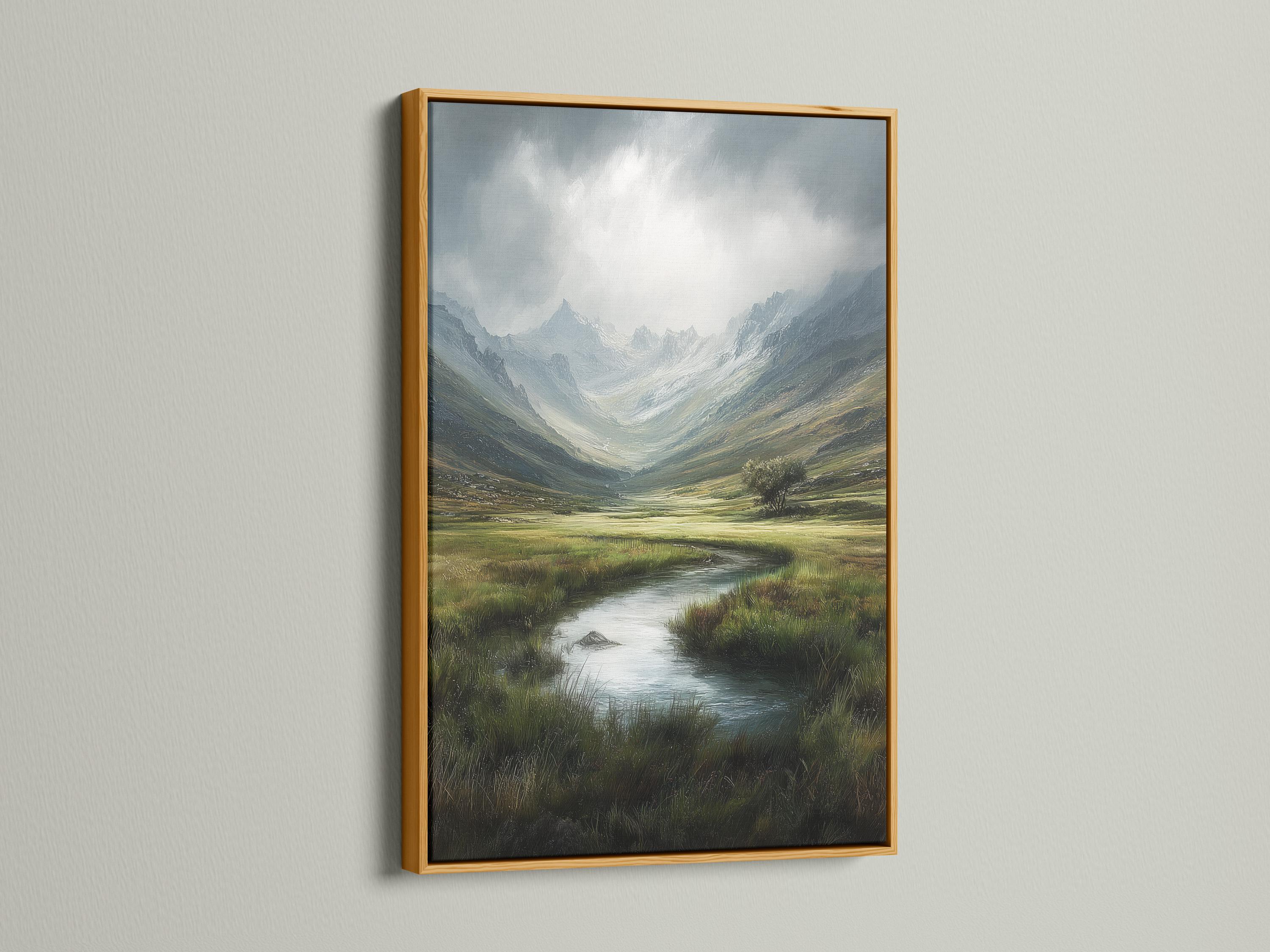 Room mockup showing framed mountain valley landscape artwork