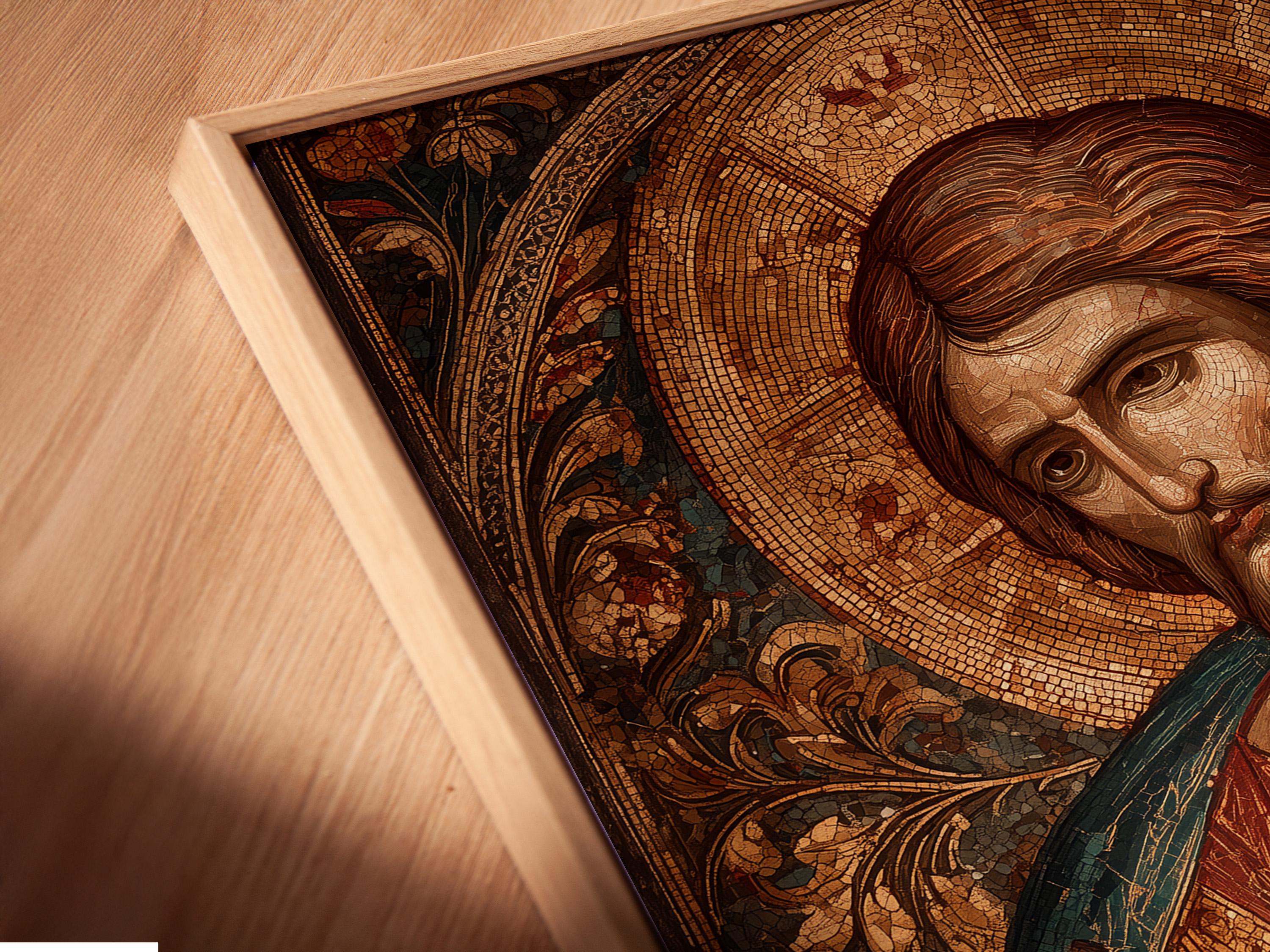Jesus portrait religious artwork shown in a mockup with hanging options on the side