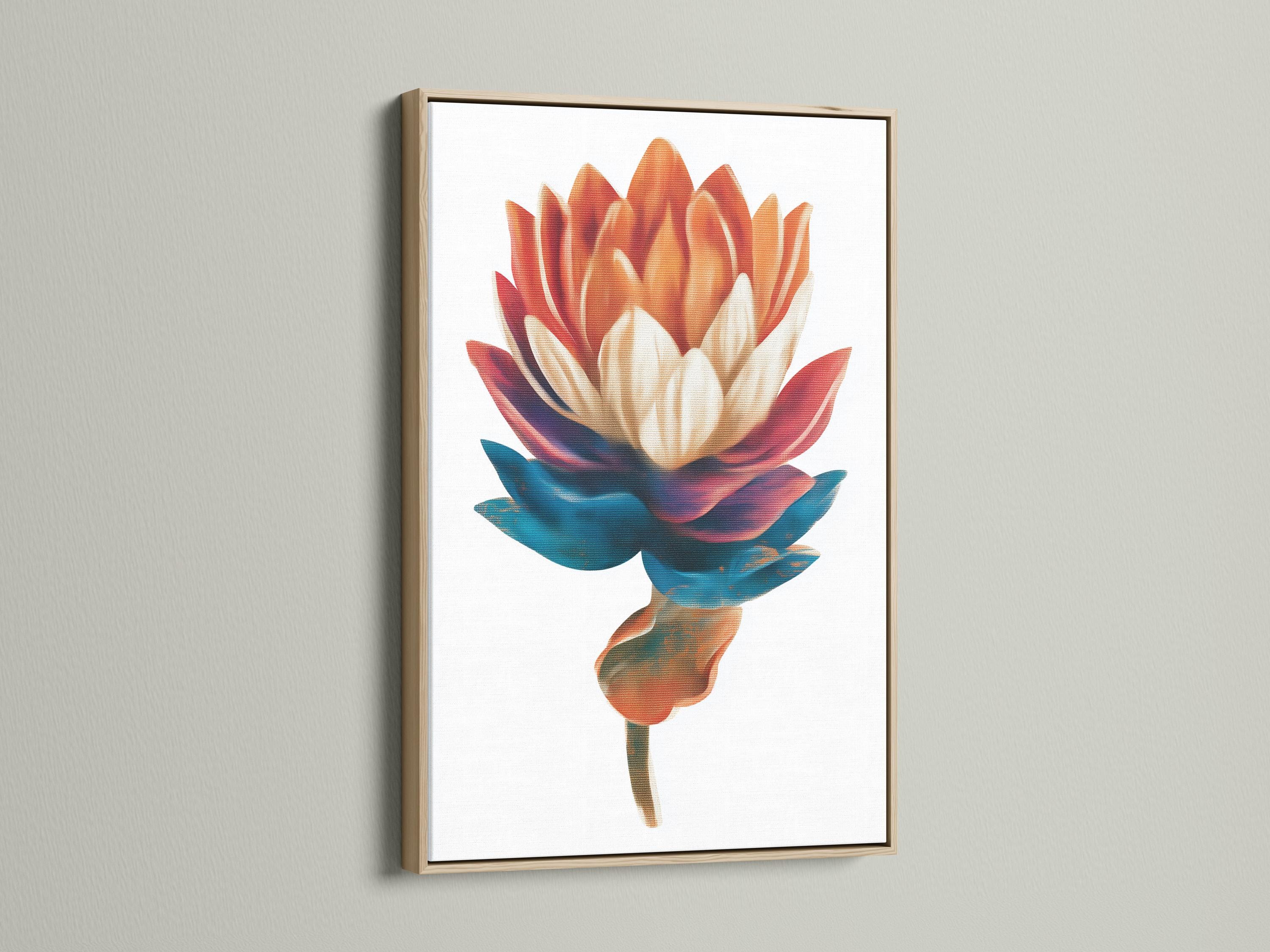 Stylised flower artwork with teal and coral petals and a cream centre on a pale background detail view