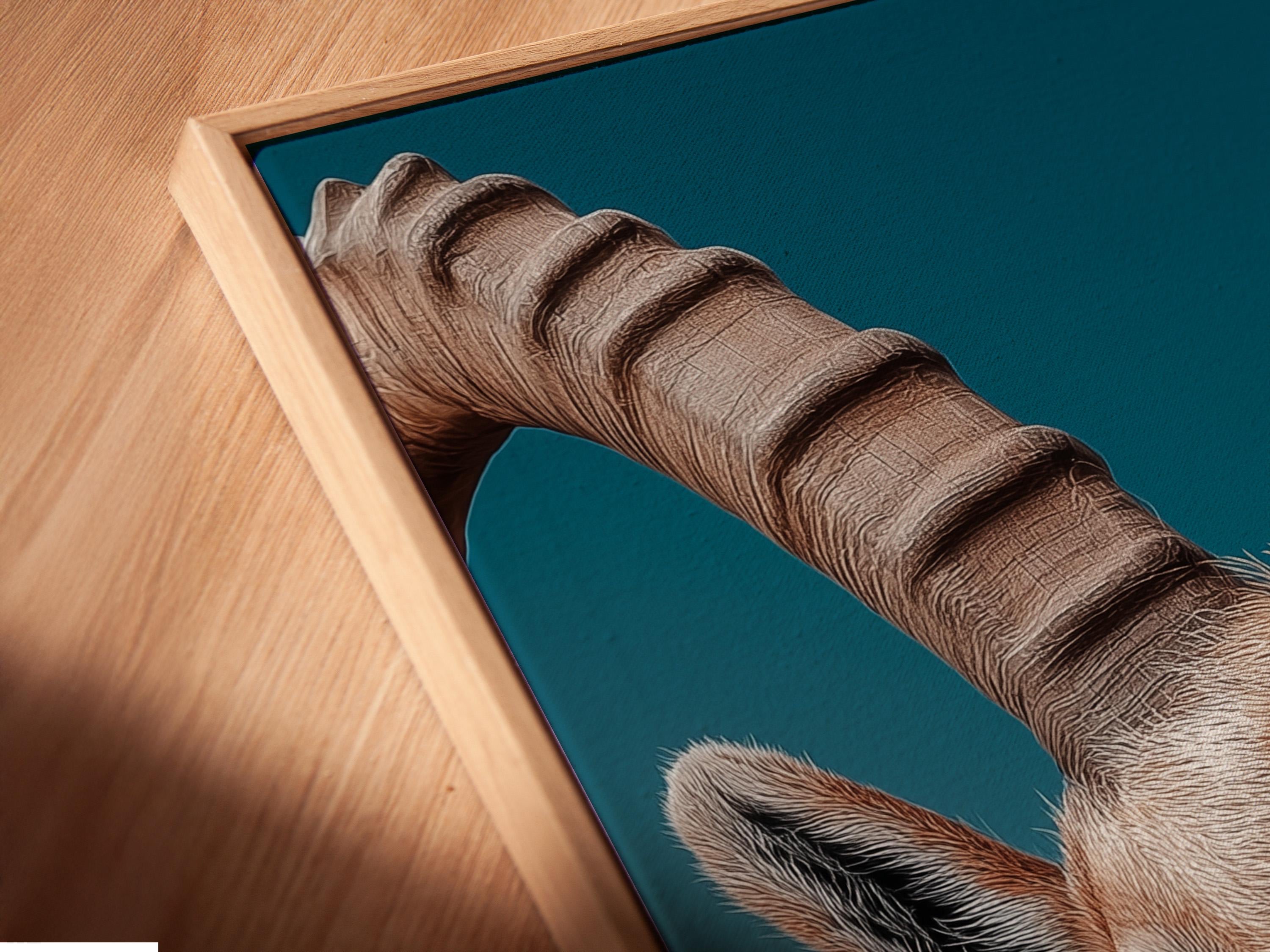 Portrait of an ibex with curved horns on a teal background detail view