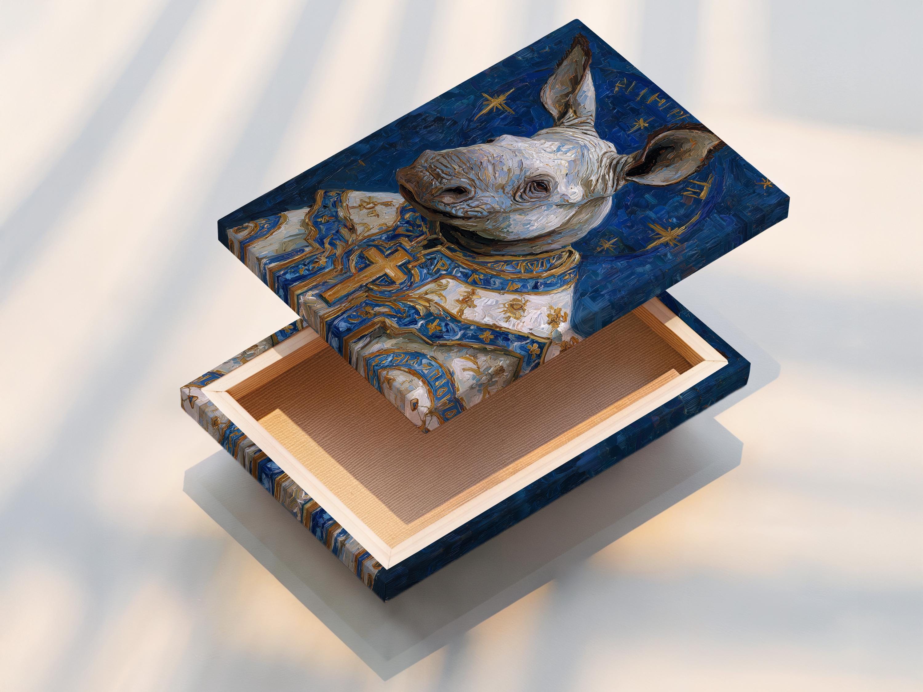 Painted rhino portrait on a deep blue background with gold cross and star-like accents detail view