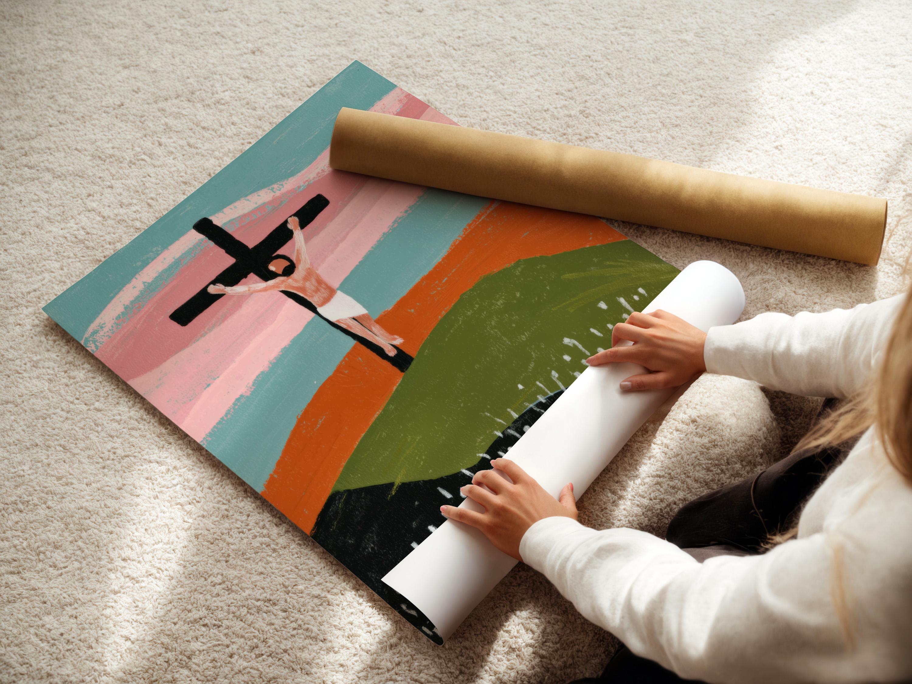 Stylised cross with outstretched figure above layered hills in dusty pink, teal and green detail view