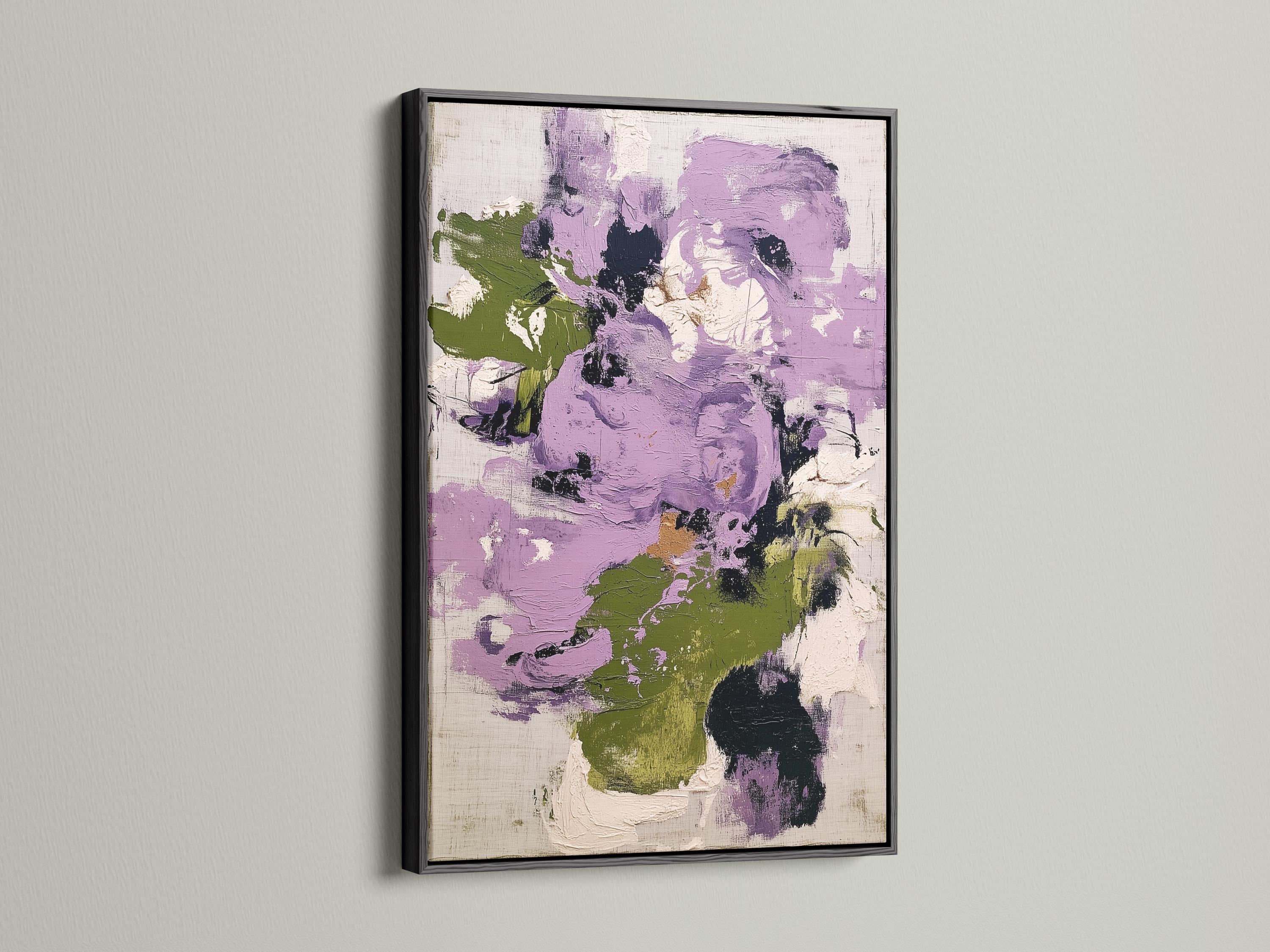 Abstract floral artwork with lilac and purple shapes, muted green accents and textured brush marks detail view
