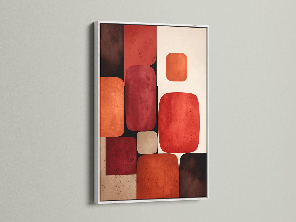 Abstract geometric artwork with rounded rectangles in burnt sienna, terracotta, deep red and cream detail view