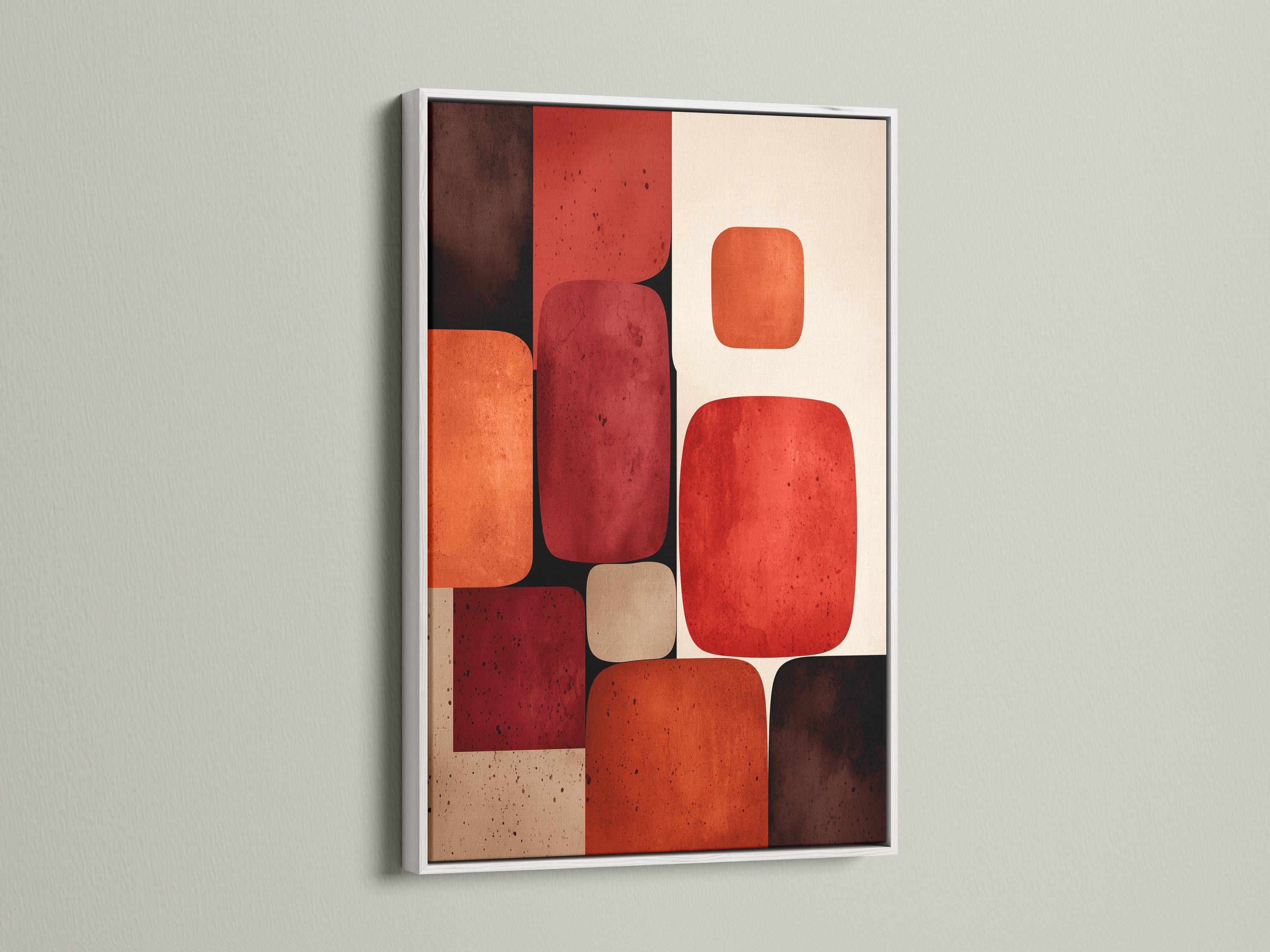 Abstract geometric artwork with rounded rectangles in burnt sienna, terracotta, deep red and cream detail view