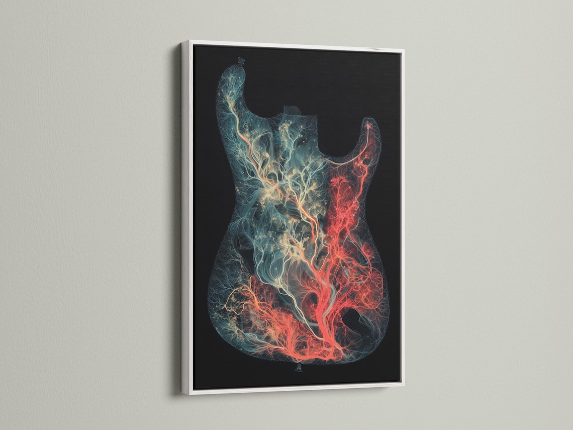 Electric guitar silhouette filled with glowing teal and red branching linework on a dark background detail view