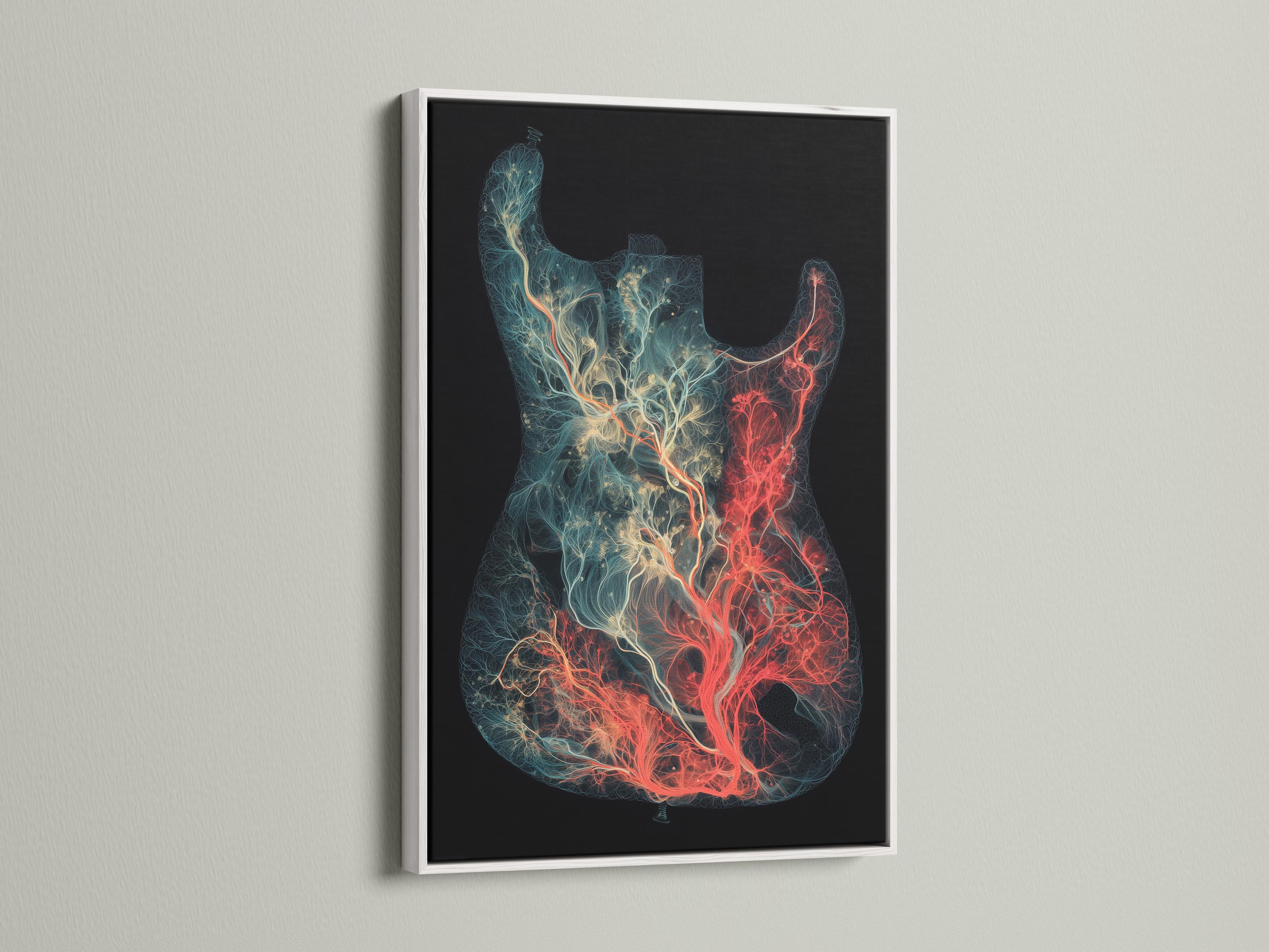 Electric guitar silhouette filled with glowing teal and red branching linework on a dark background detail view