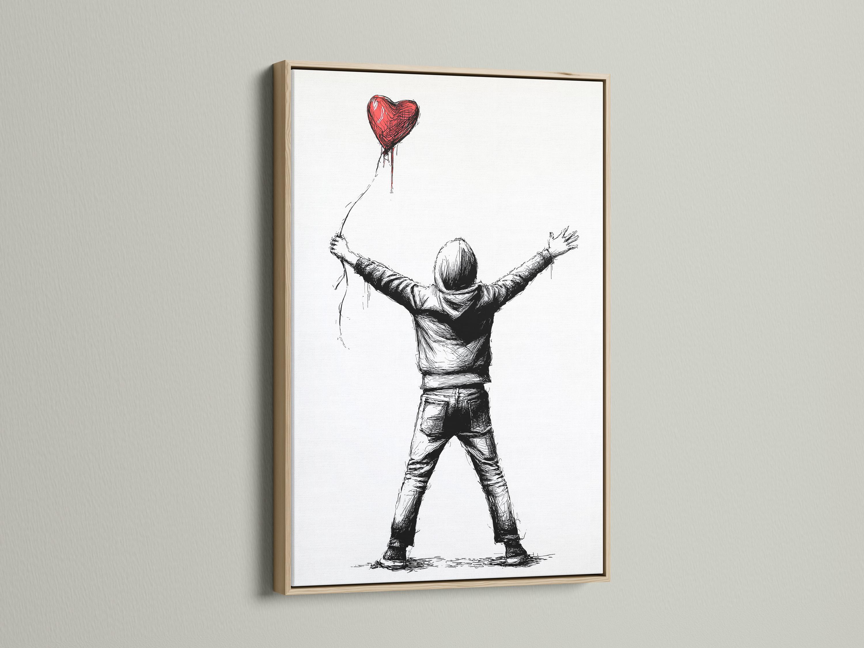 Framed wall art mockup showing a boy holding a red heart-shaped balloon