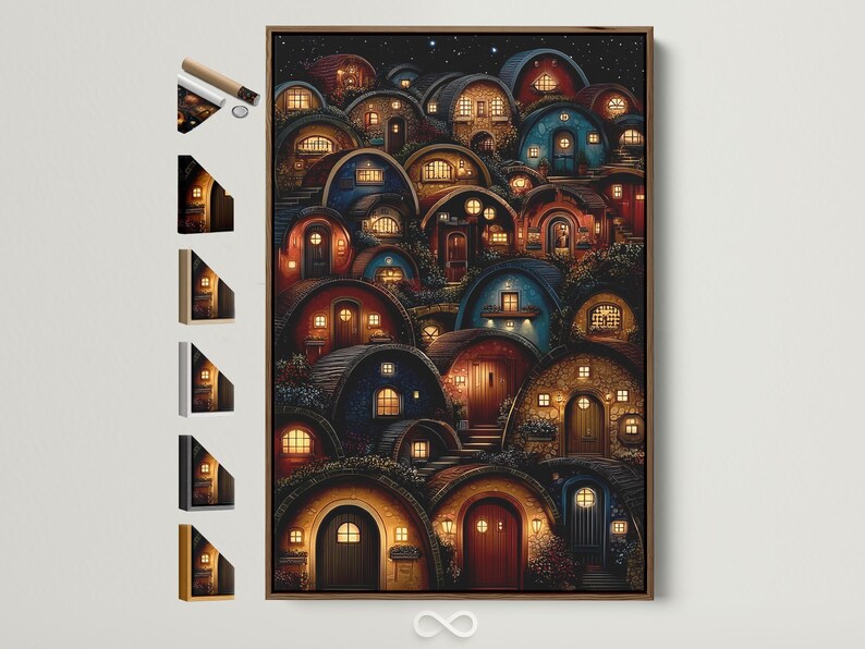 Fantasy village at night with glowing arched doorways and windows under a starry sky
