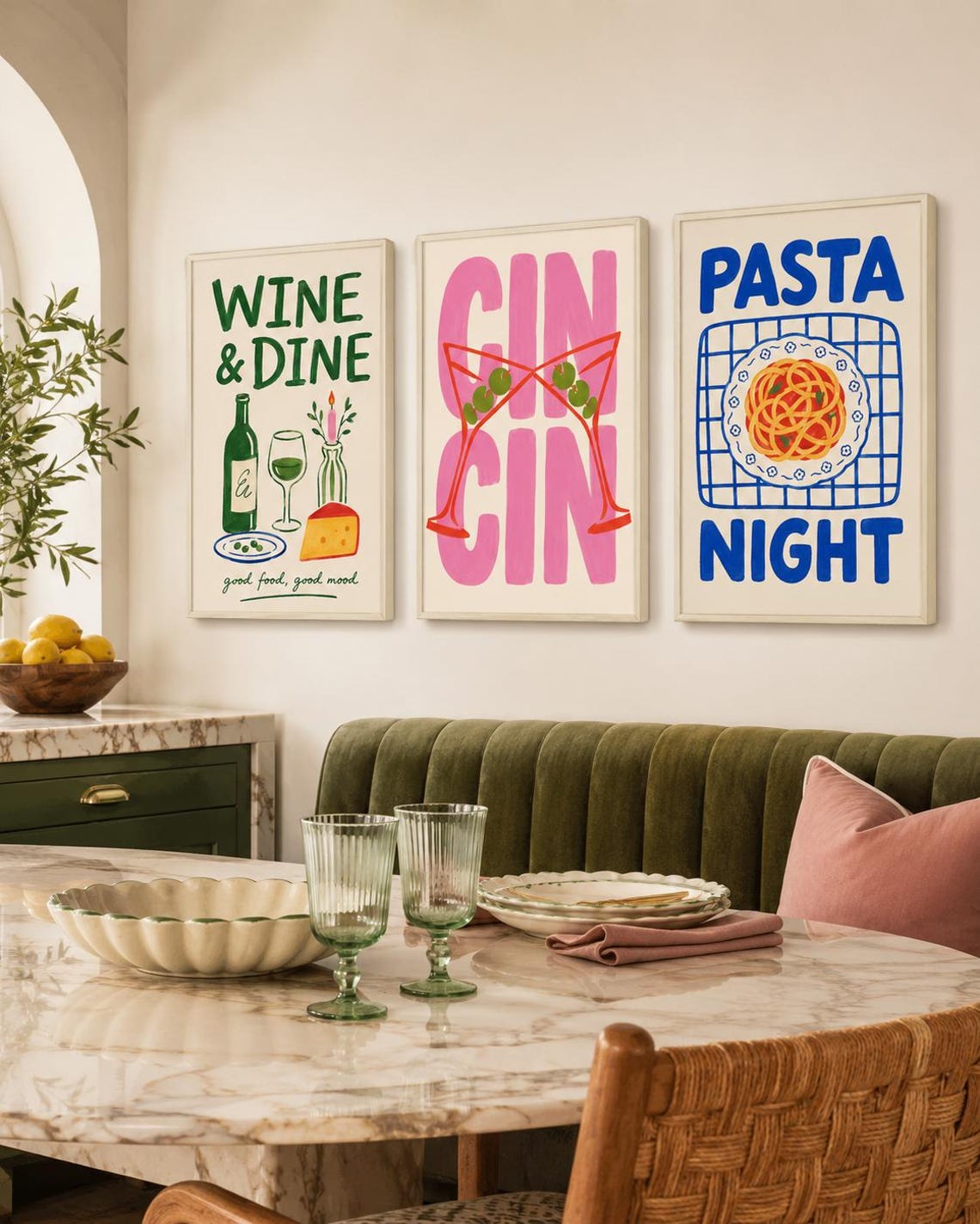 Set of three framed kitchen typography panels: Wine & Dine, Cin Cin and Pasta Night detail view