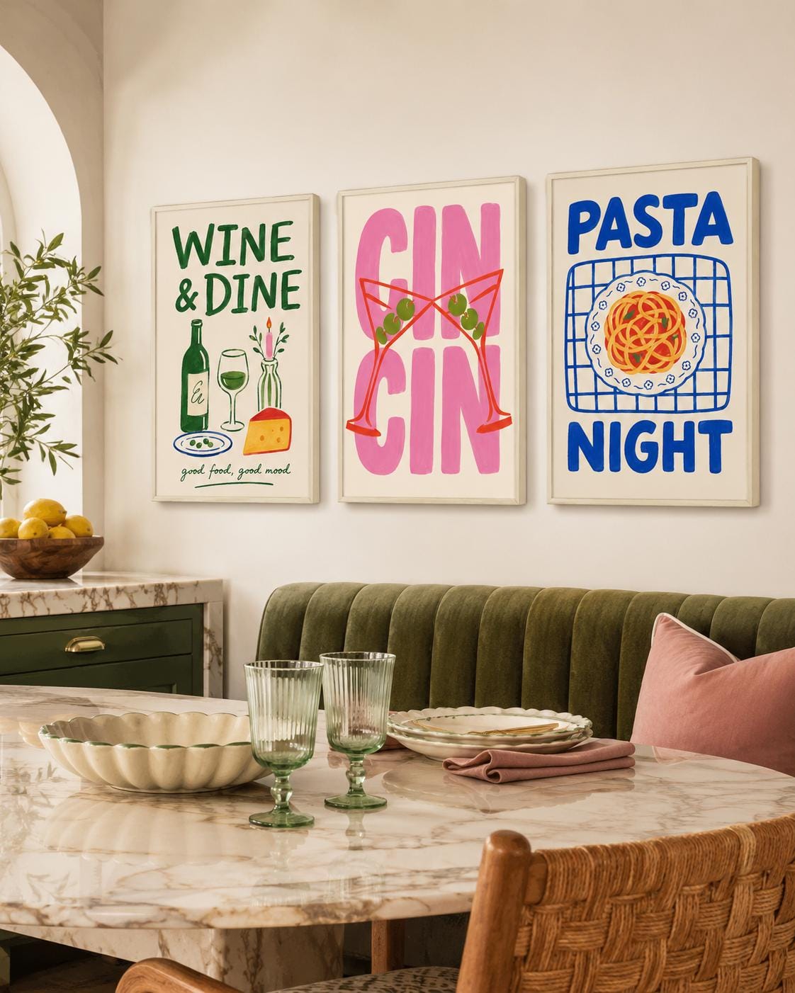 Set of three framed kitchen typography panels: Wine & Dine, Cin Cin and Pasta Night detail view