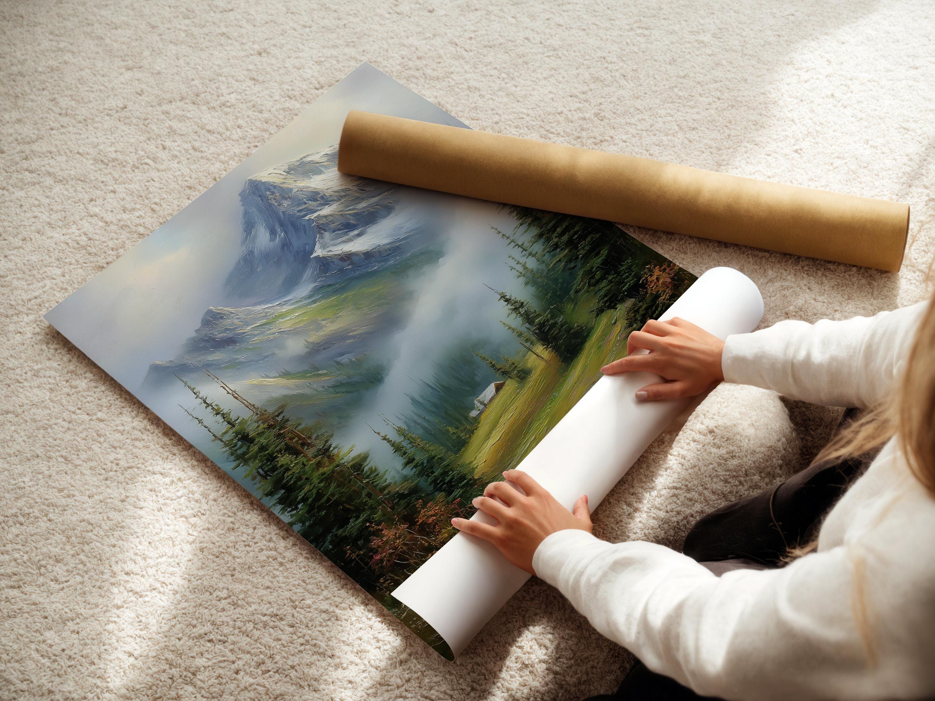 Room mockup showing a framed snowy mountain landscape painting with evergreen trees and a cabin