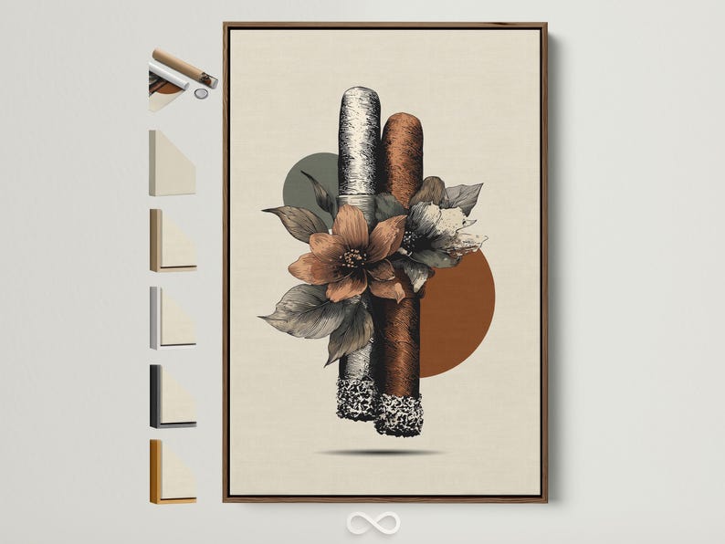 Botanical illustration of a textured cigar surrounded by terracotta flowers and dark leaves on an off-white background