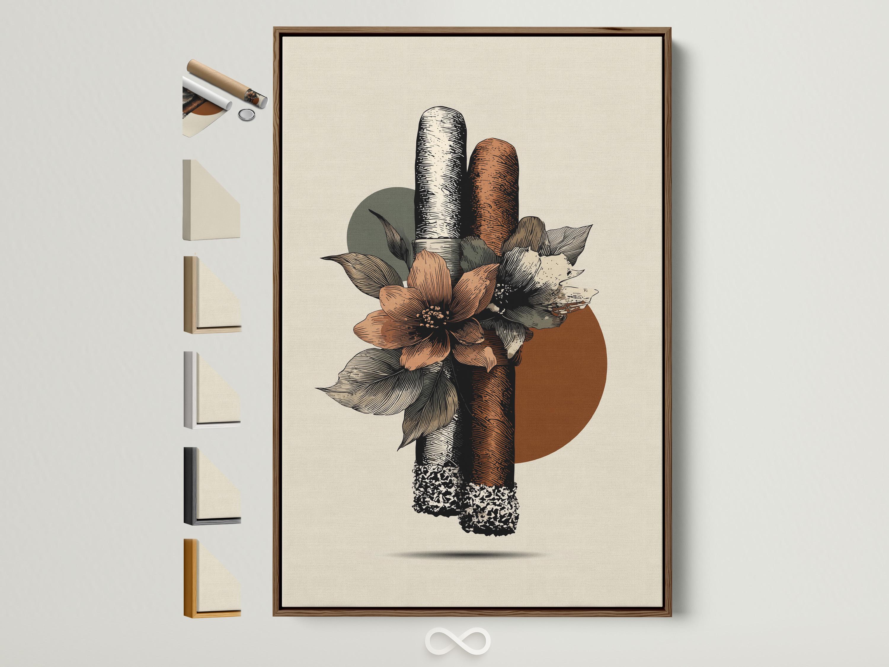 Botanical illustration of a textured cigar surrounded by terracotta flowers and dark leaves on an off-white background