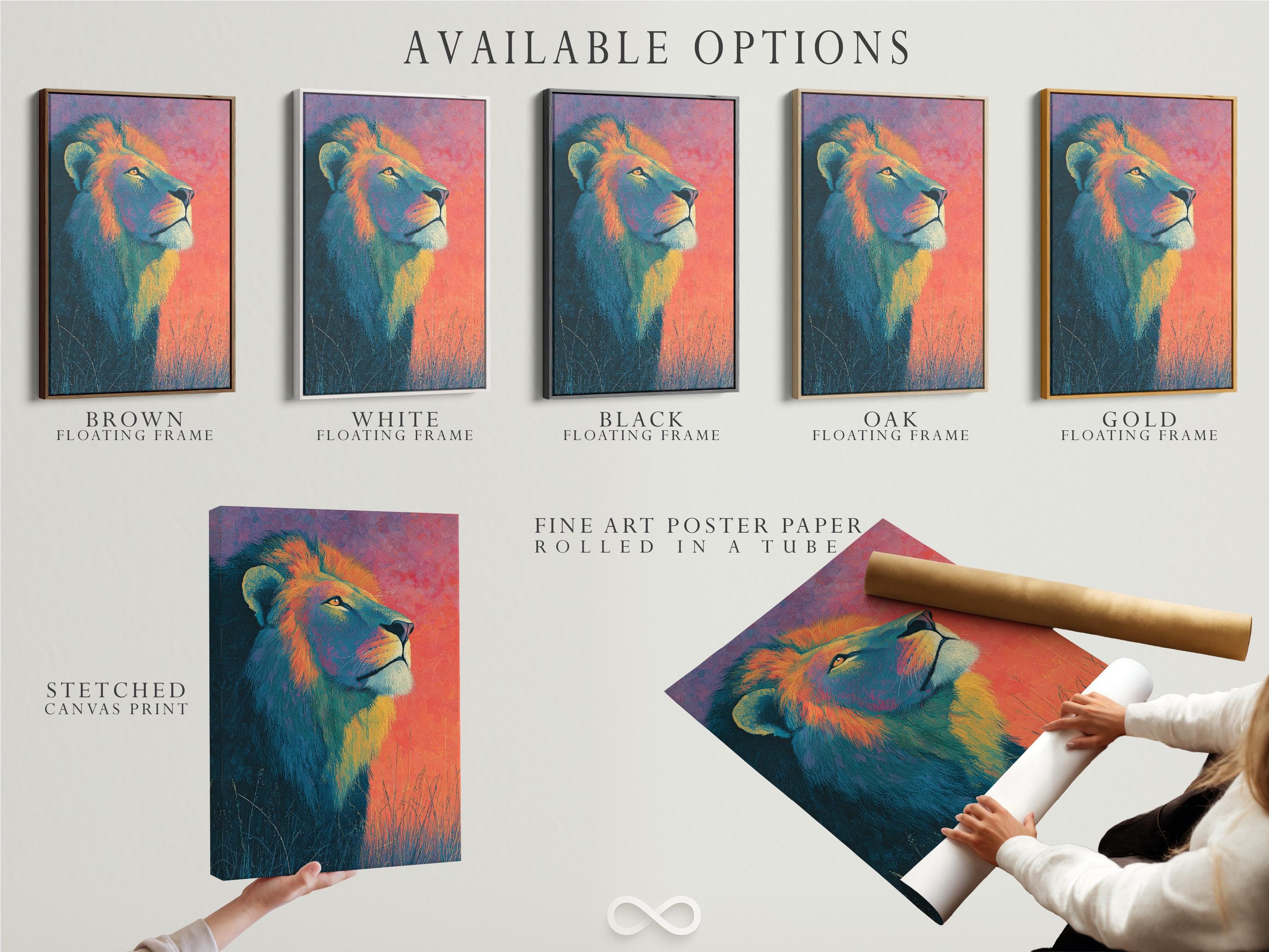 Room mockup showing a framed lion portrait in teal, coral and gold colours