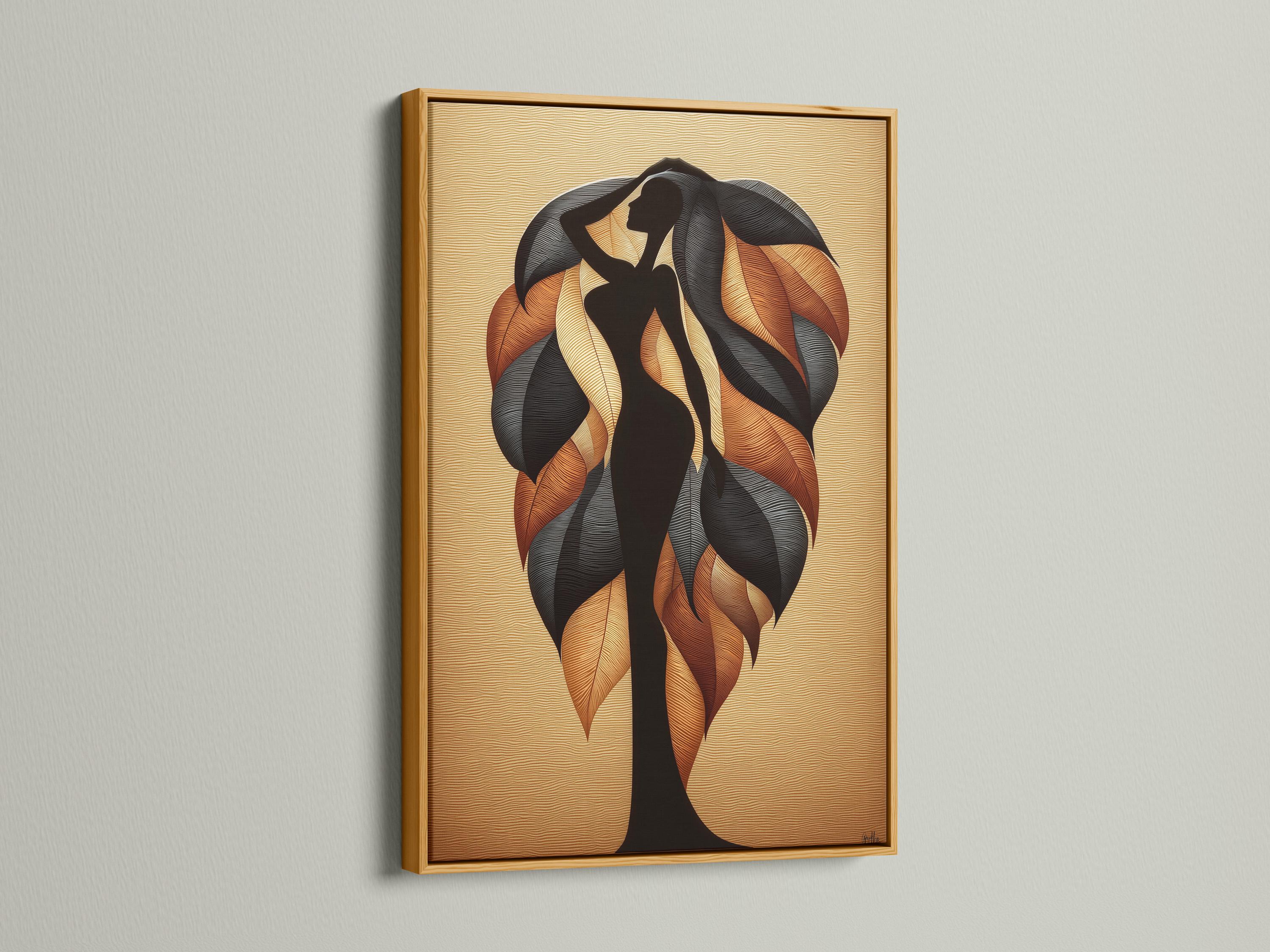 Leaf silhouette artwork with a dark figure shape and swirling burnt orange leaf forms on a beige textured background detail view