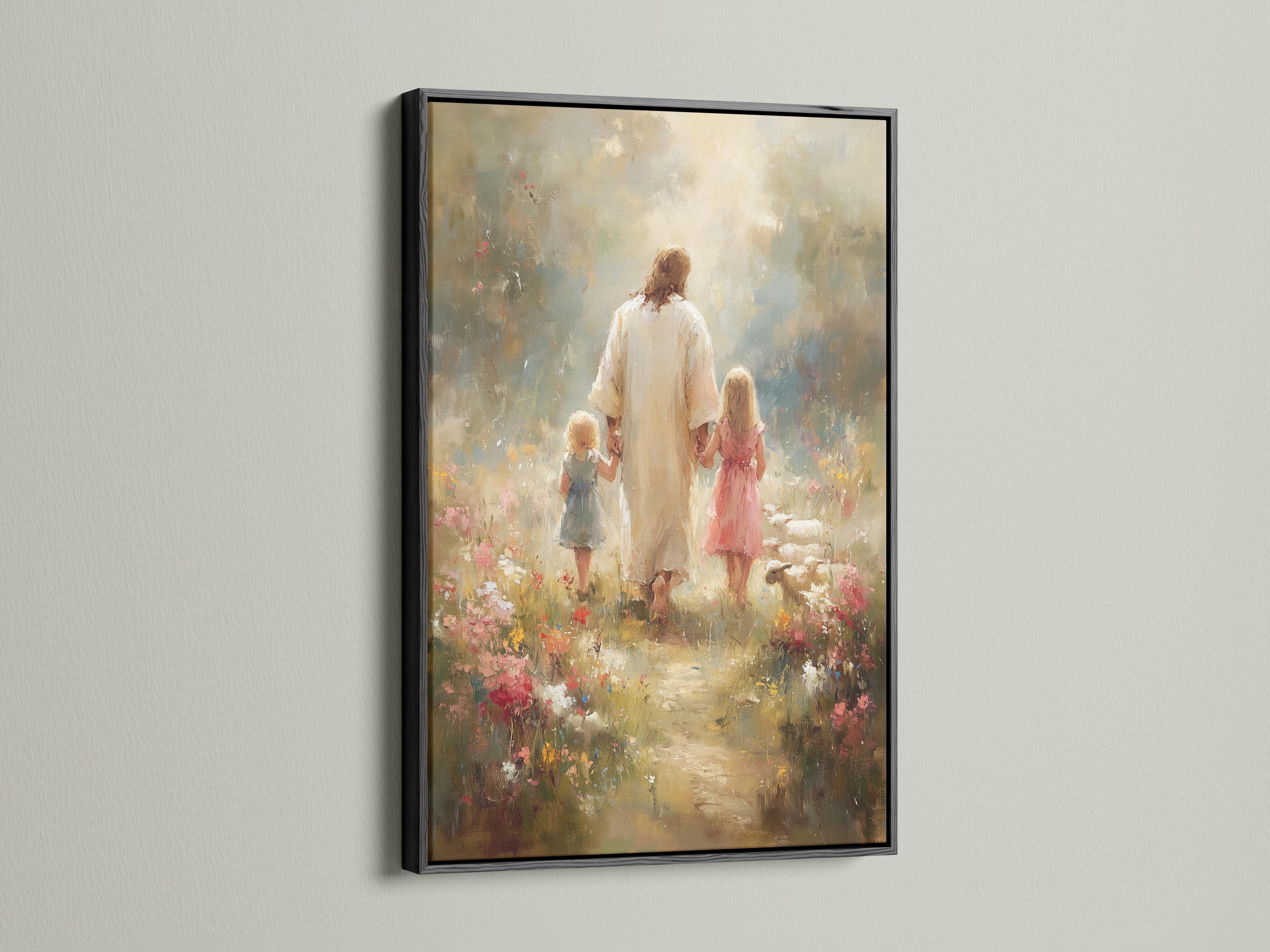Painterly scene of a robed adult walking with two children through a floral meadow detail view