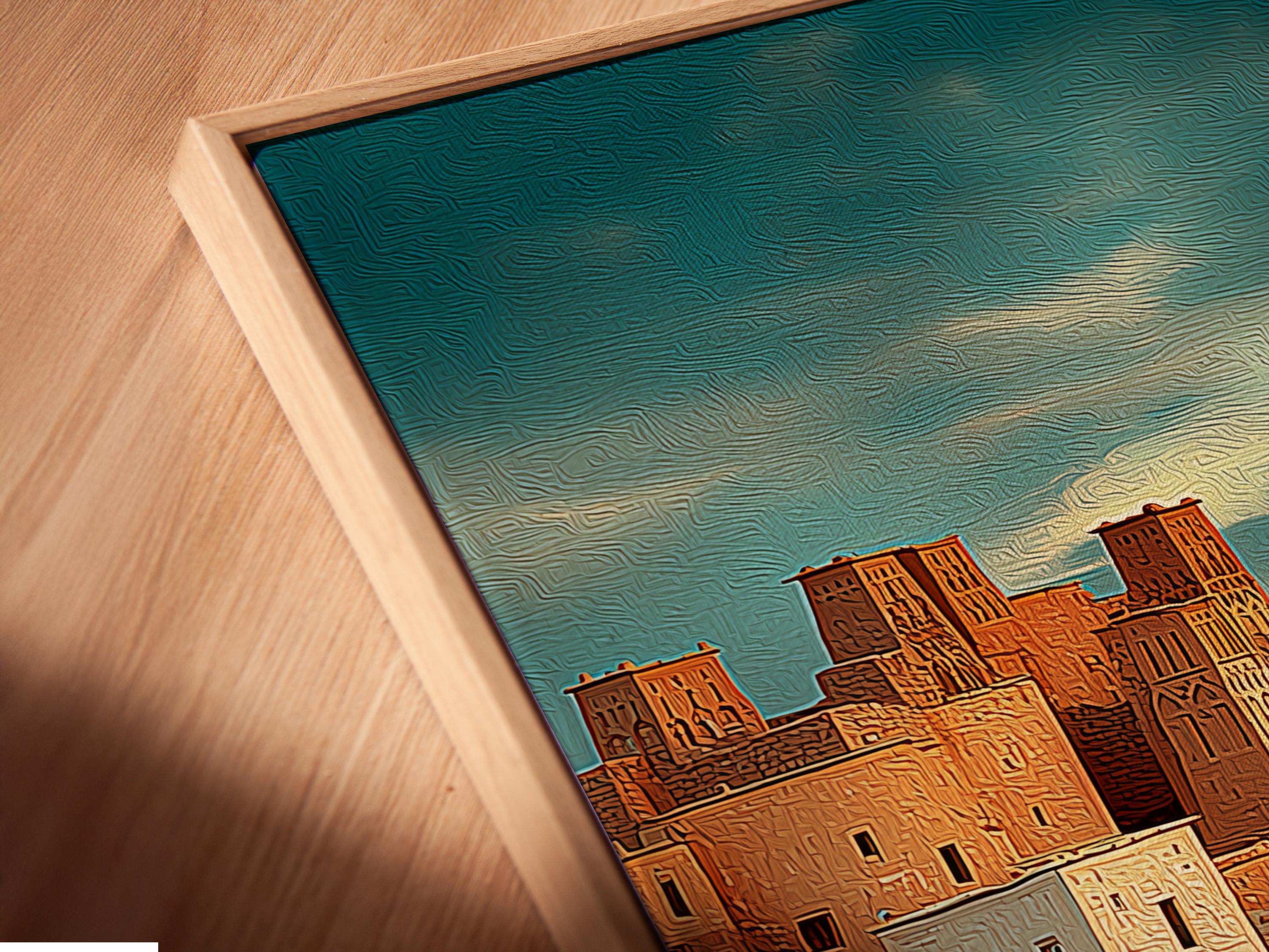 Moonlit desert village with warm buildings and a glowing full moon in a textured teal sky detail view