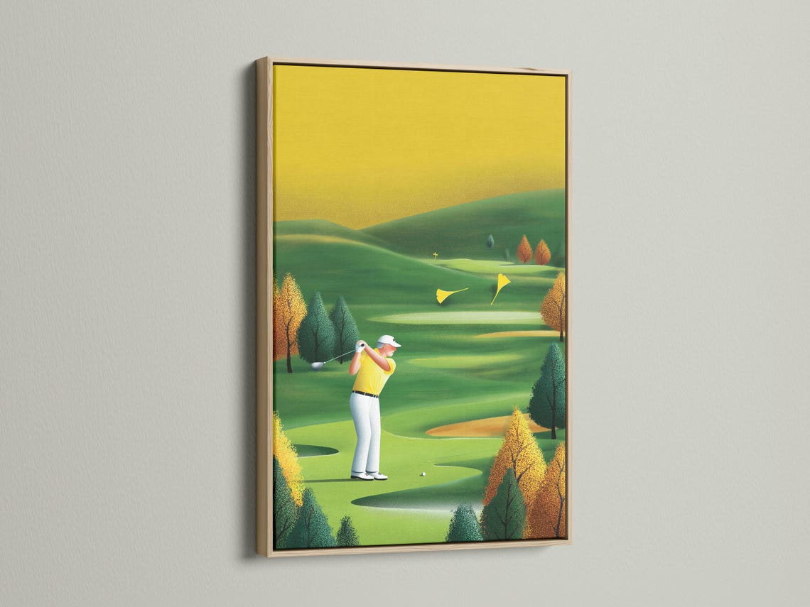 A stylised golf course scene with a golfer mid-swing and rolling green fairways detail view