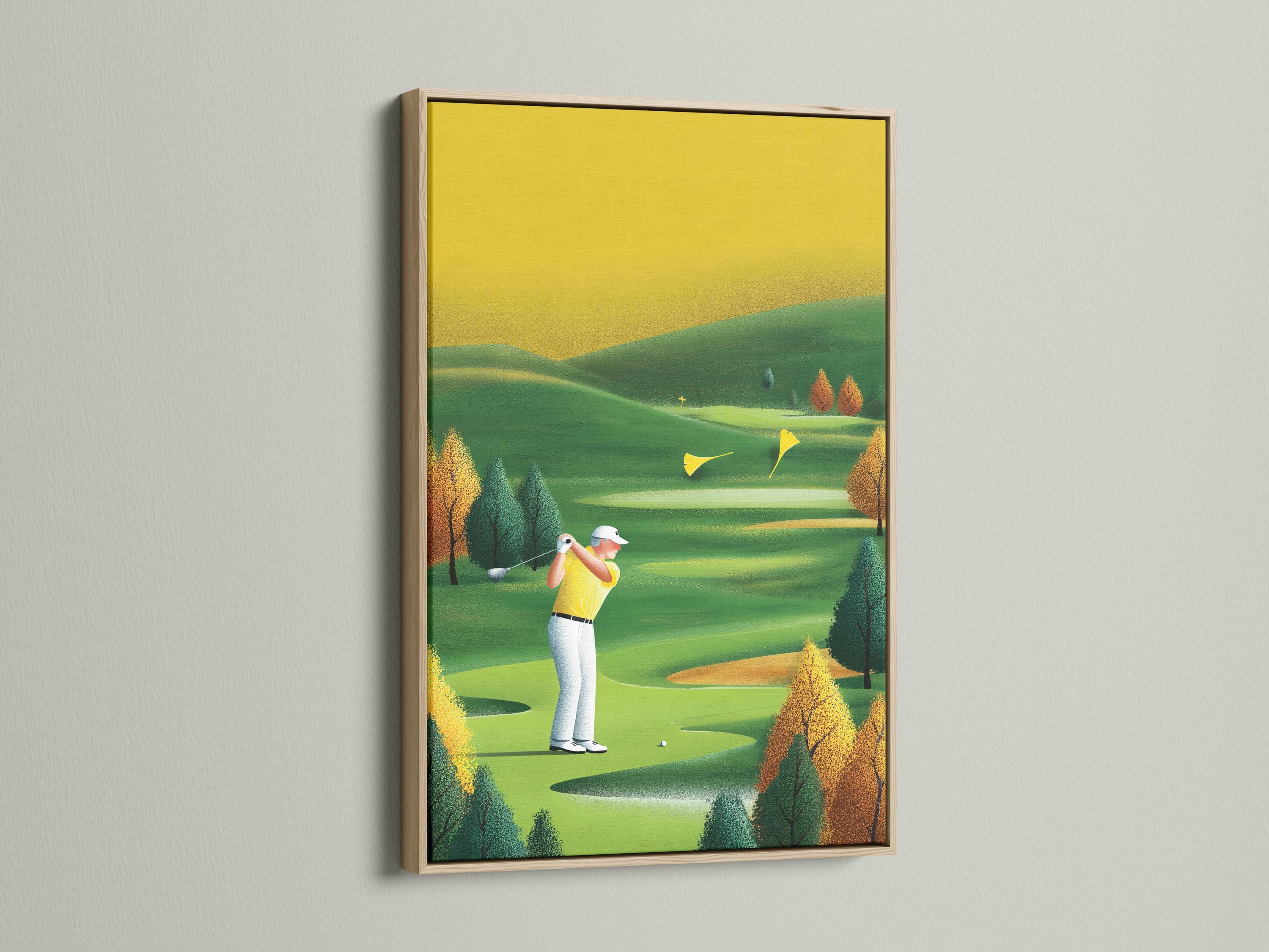 A stylised golf course scene with a golfer mid-swing and rolling green fairways detail view