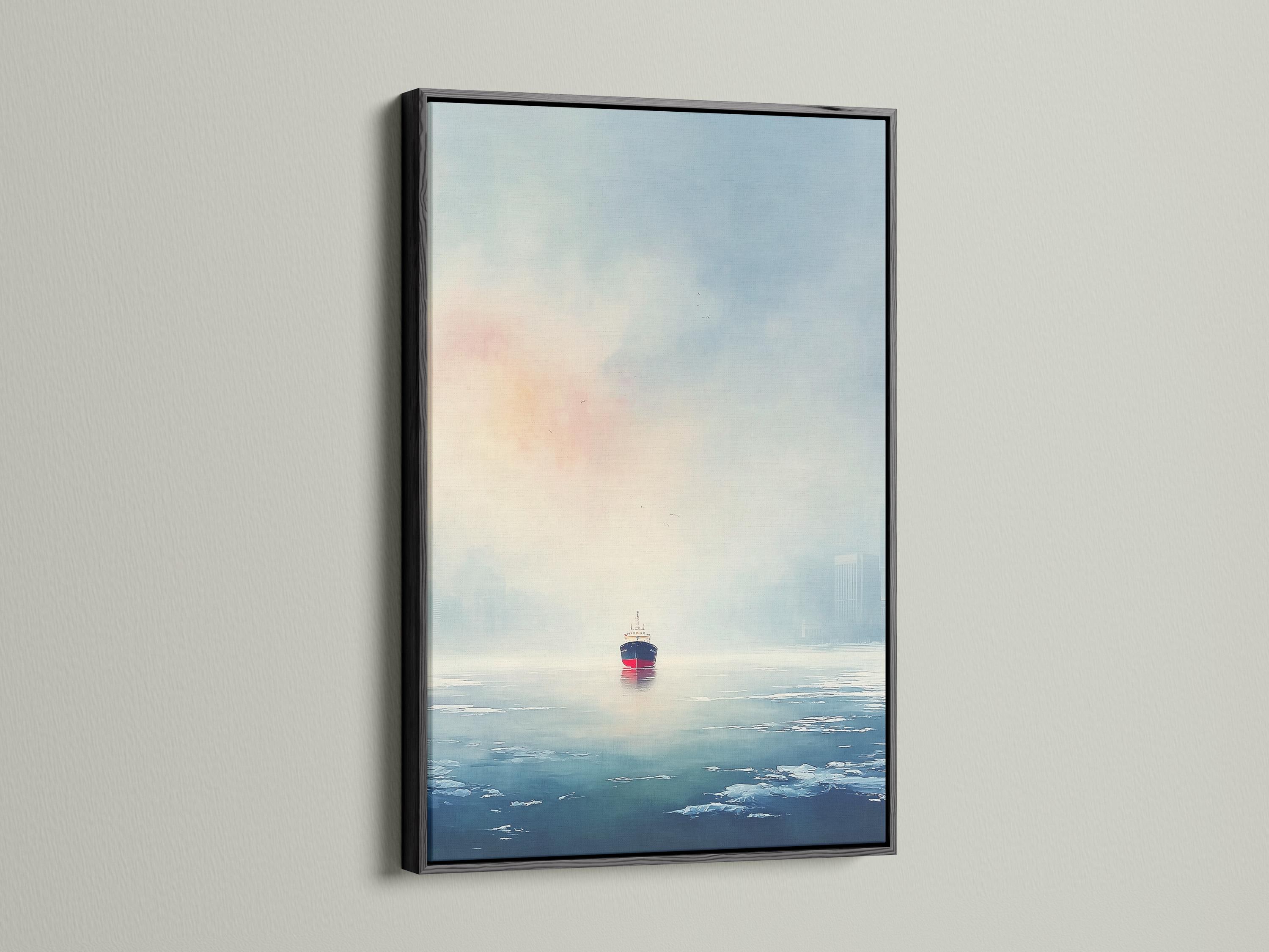 Room mockup showing a framed seascape artwork with a small ship on the ocean