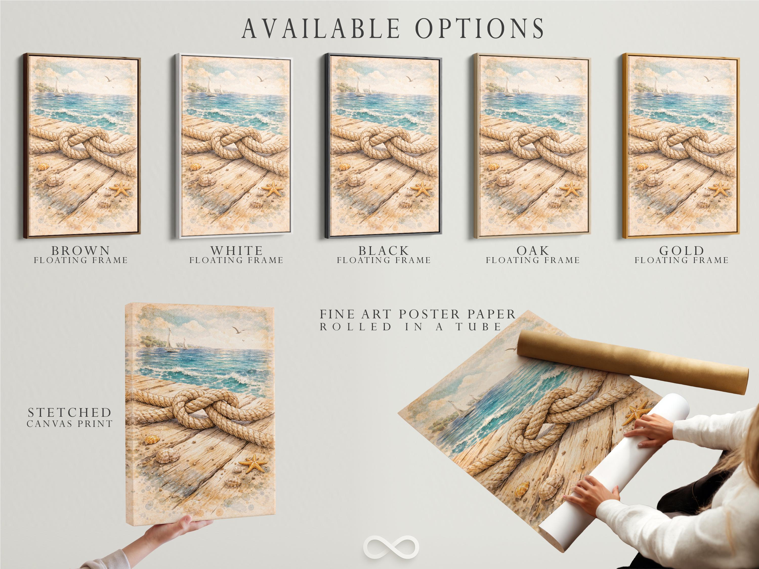 Nautical rope knot on a weathered dock with seashells, starfish, and sailboats on the ocean detail view