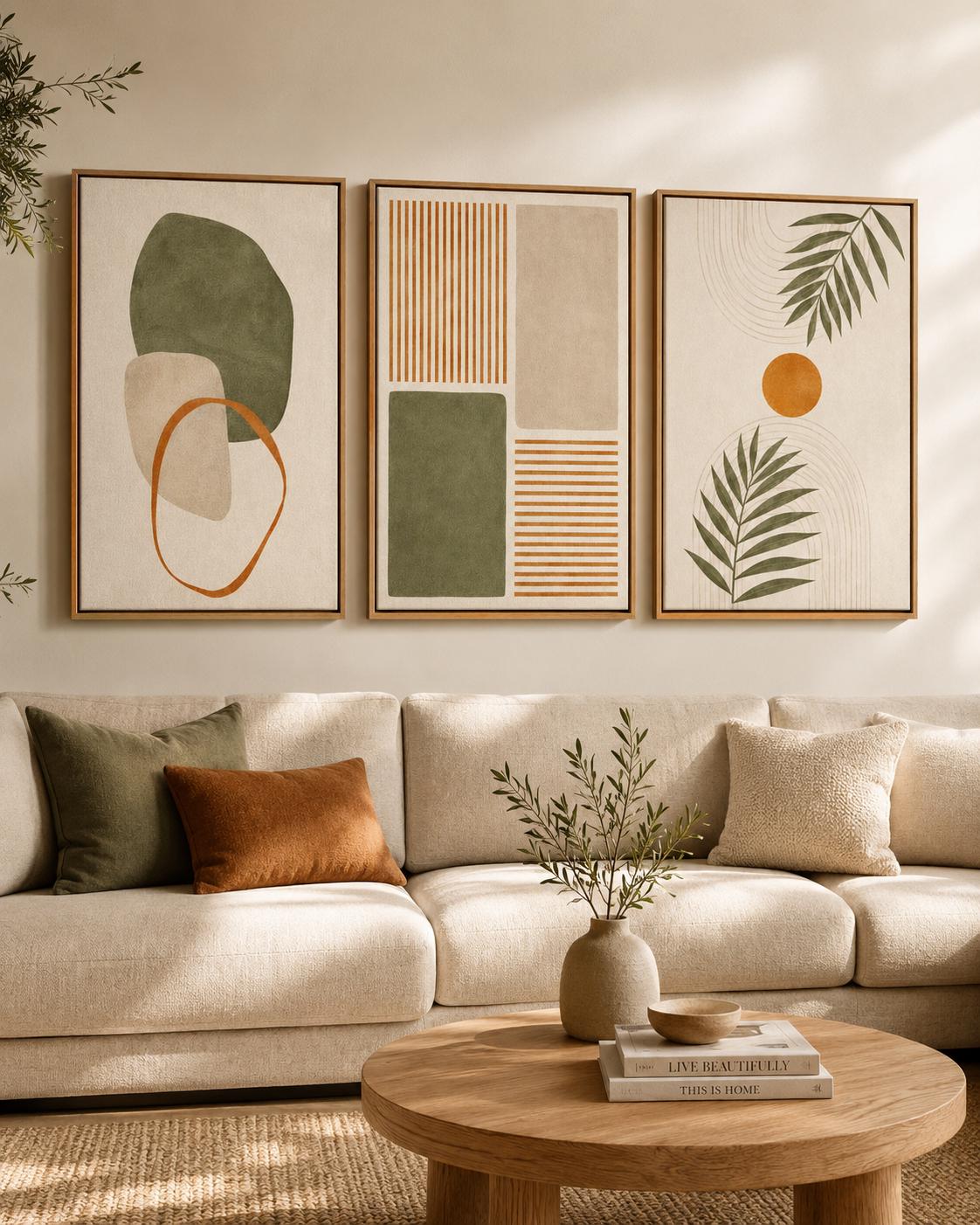 A set of three framed botanical-style artworks shows abstract leaf shapes, geometric blocks and lines in muted greens and terracotta on light detail