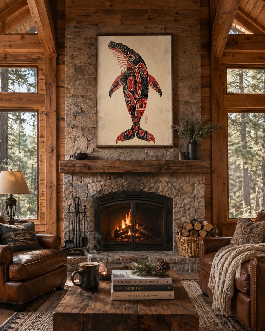 Man holding a mug beside a framed whale artwork in a rustic cabin setting