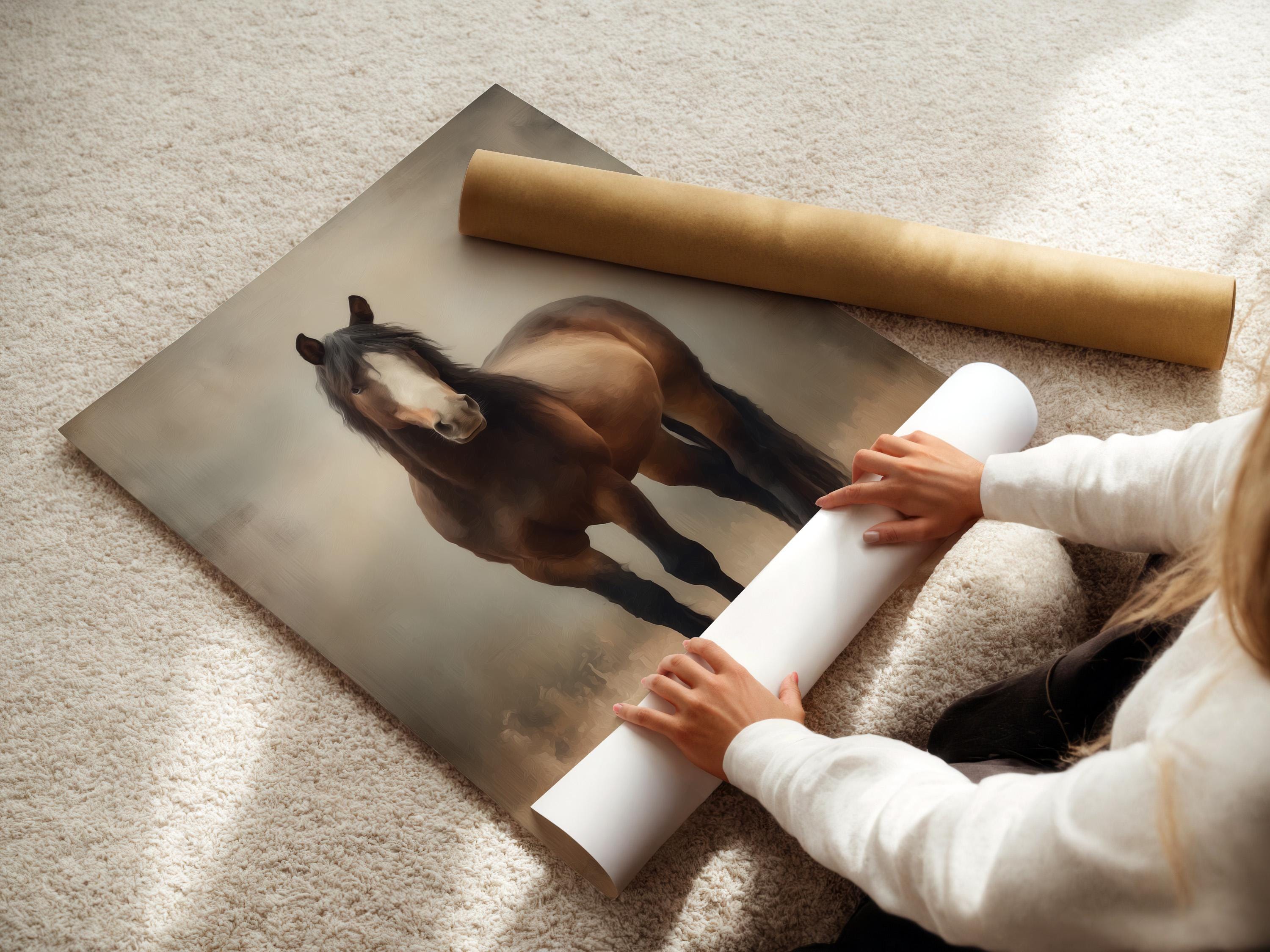 Room mockup showing a framed brown horse portrait artwork on a beige wall