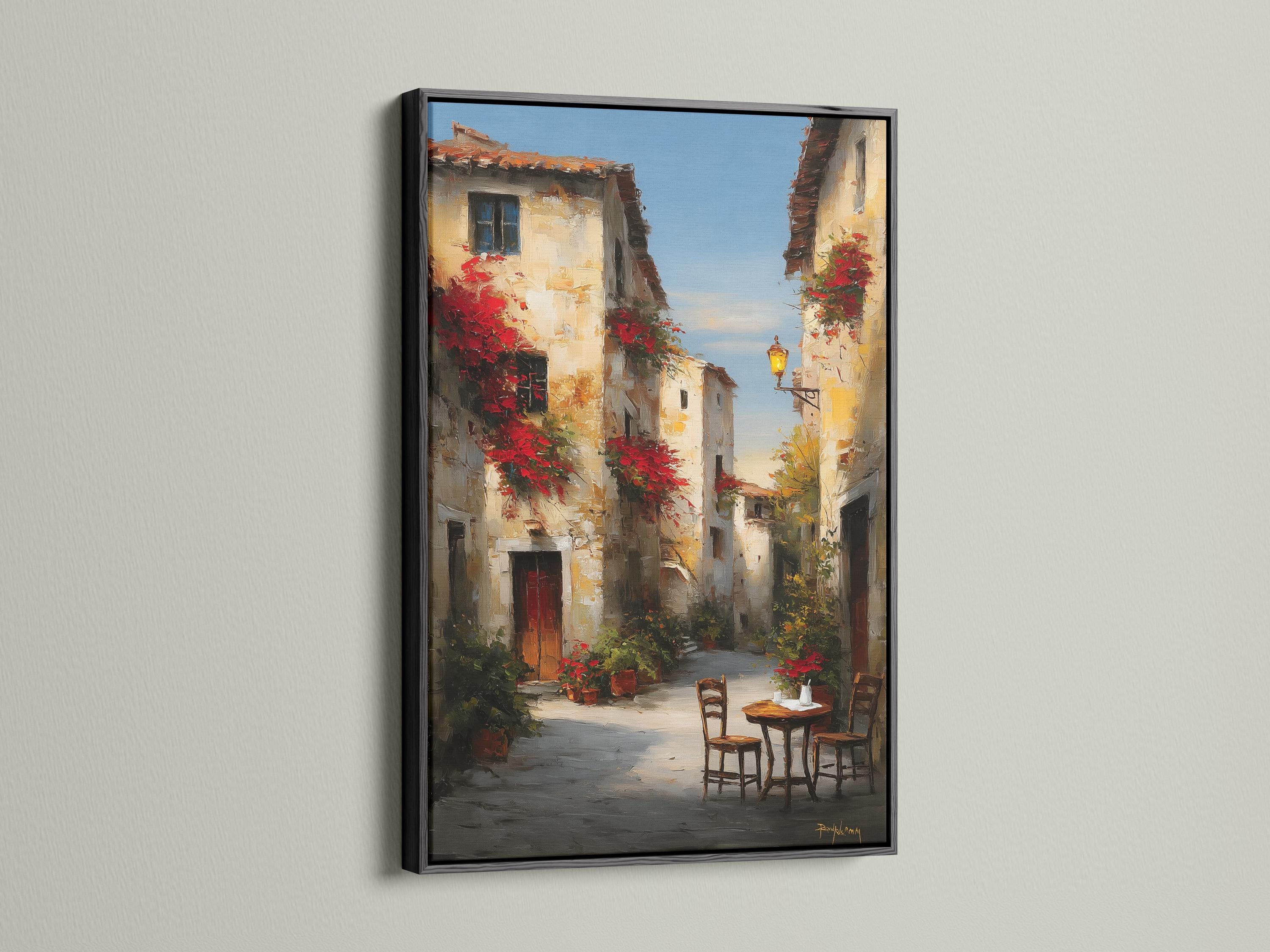Painterly old-town street scene with red flowers, warm lantern light, and a small café table with chairs detail view