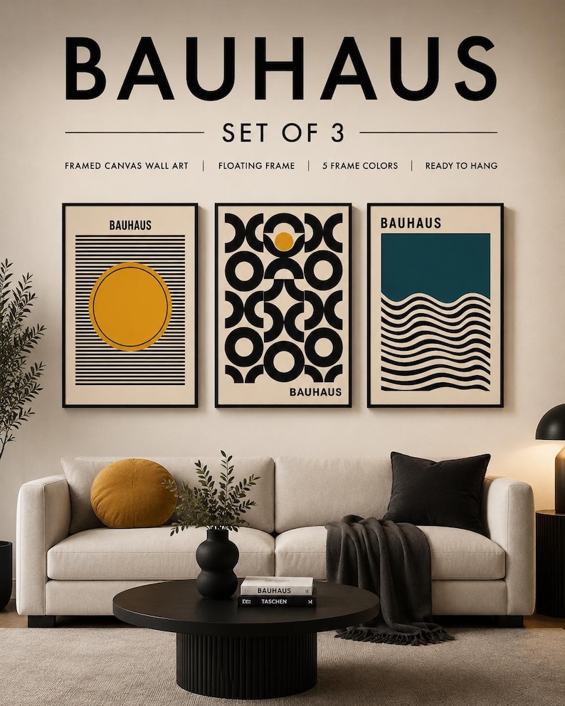 Three-panel geometric Bauhaus-style artwork with black stripes, circles and wavy teal lines