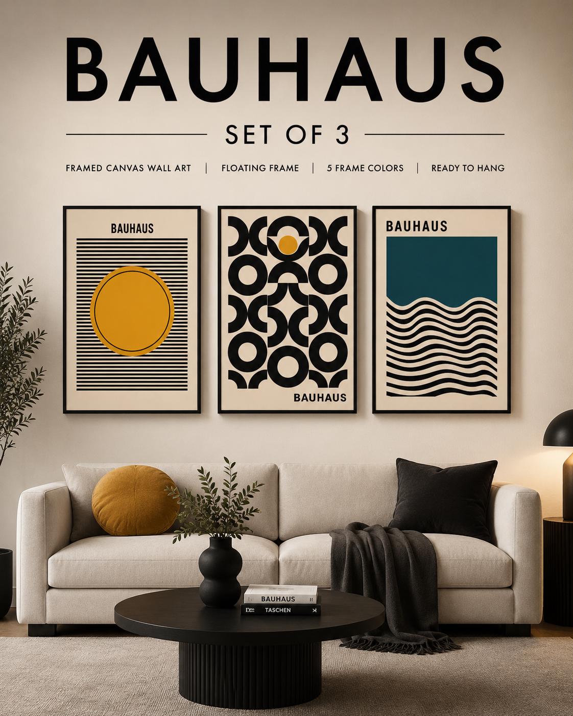 Three-panel geometric Bauhaus-style artwork with black stripes, circles and wavy teal lines