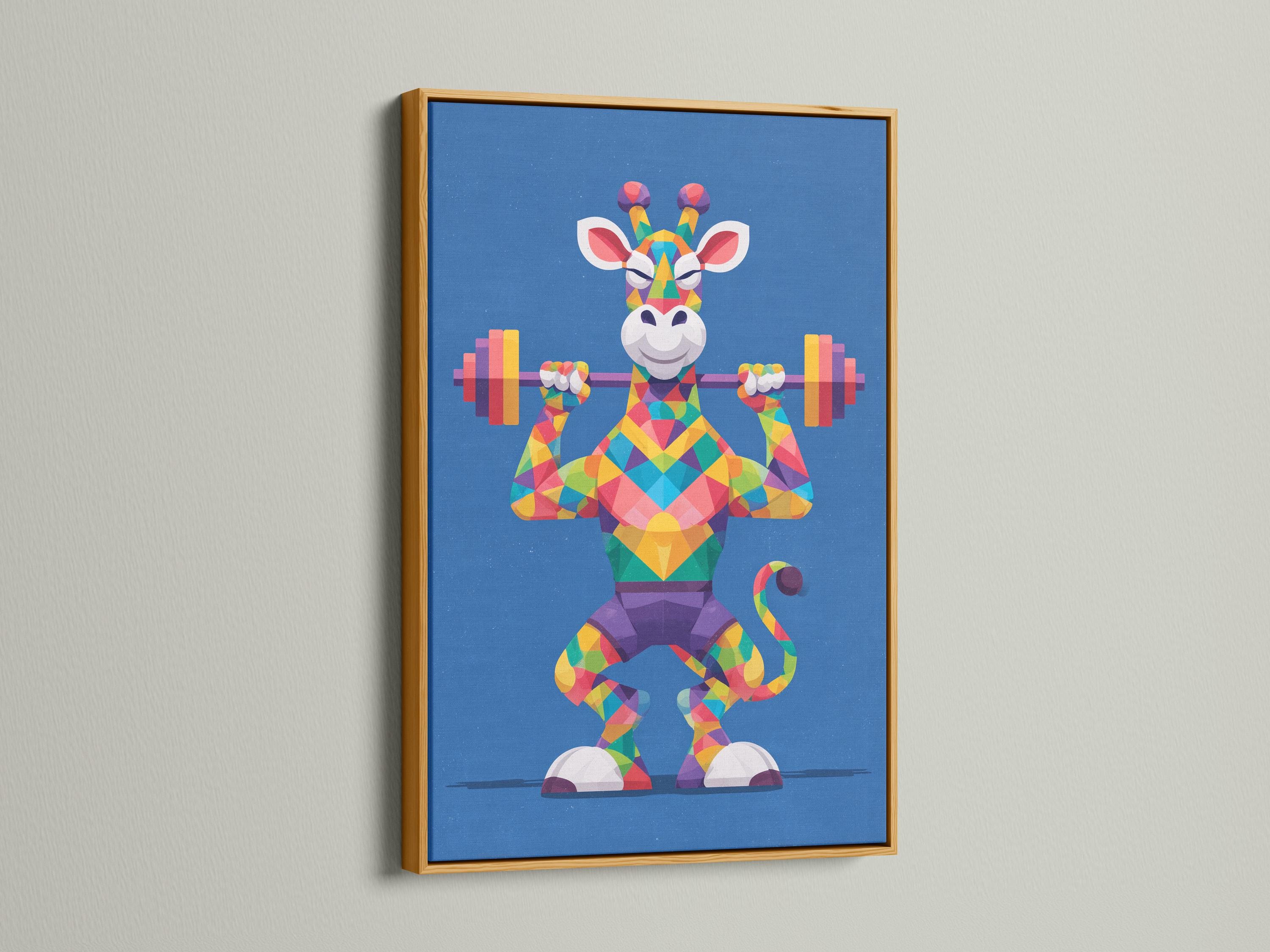 Geometric giraffe lifting dumbbells in bright multicolour polygons on a blue background detail view