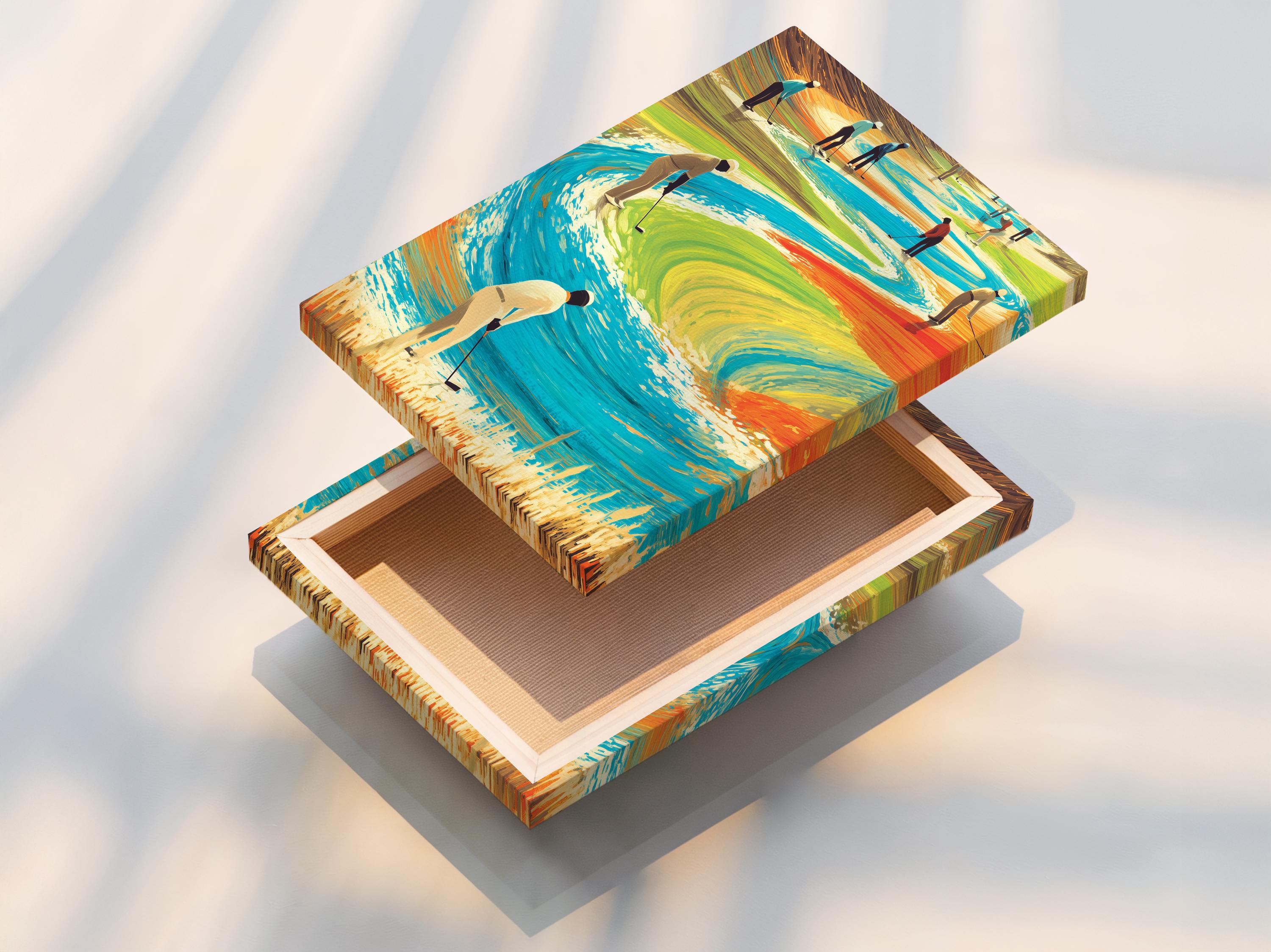 Surreal golf course scene with stylised golfers and a winding blue water channel detail view