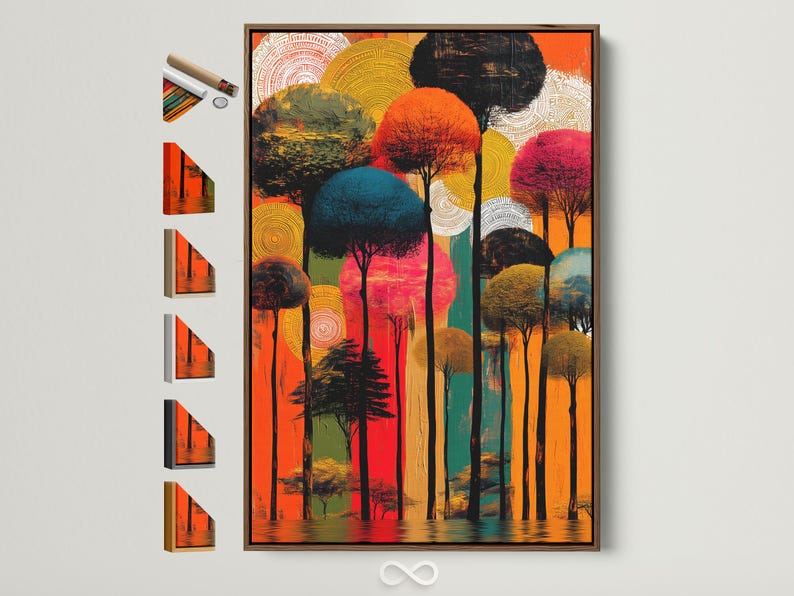 Abstract forest painting with tall dark tree trunks, orange and teal colours, circular patterns and water reflections