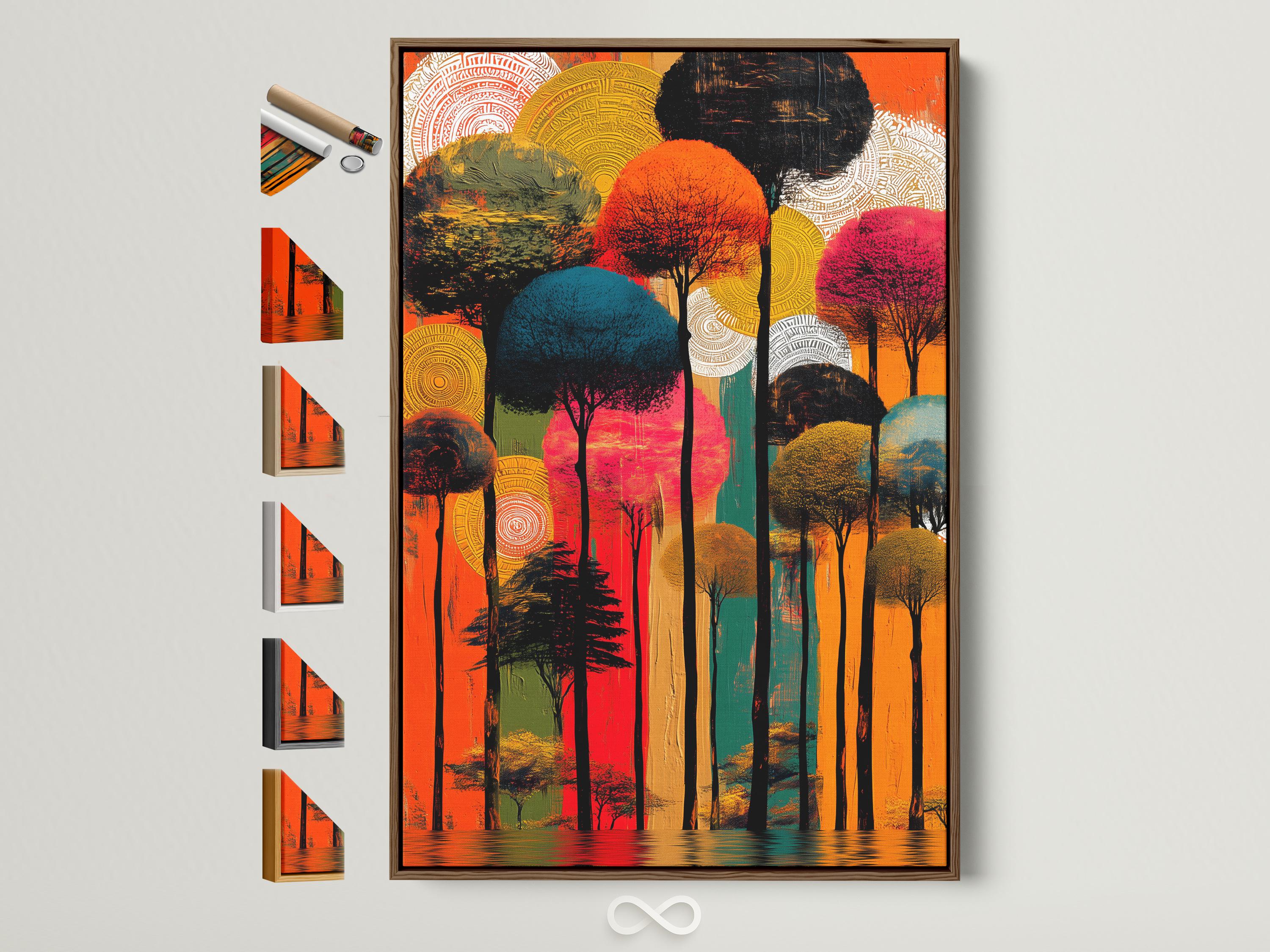 Abstract forest painting with tall dark tree trunks, orange and teal colours, circular patterns and water reflections