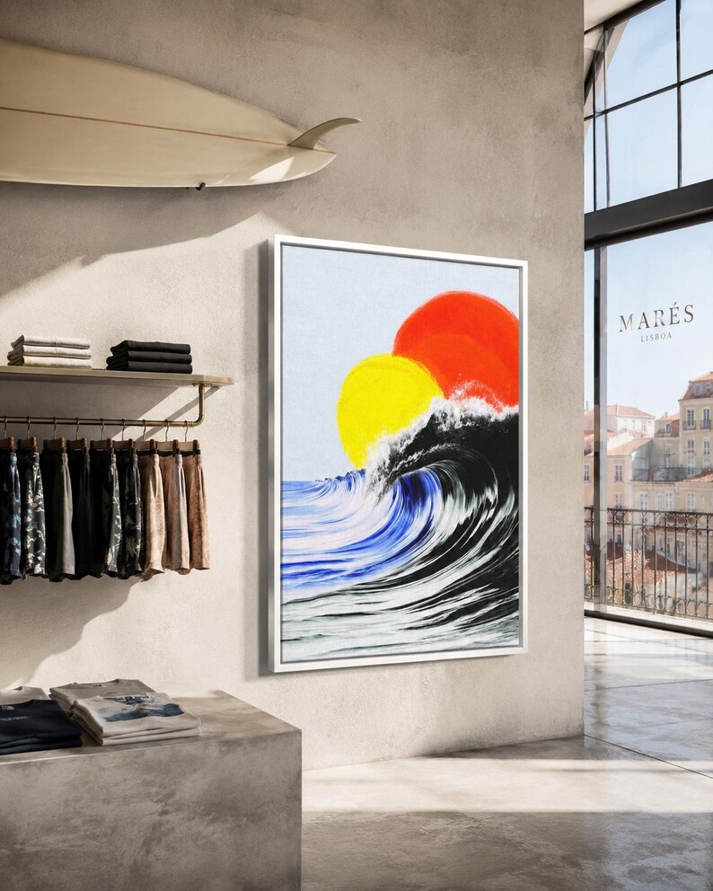 Portrait abstract ocean artwork with red and yellow sun-like circle and blue wave cresting over dark water