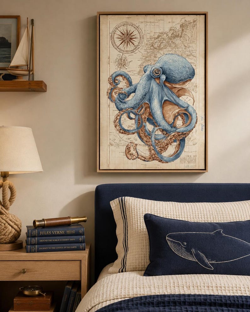 Blue octopus illustration over an antique beige nautical map with compass-like circles