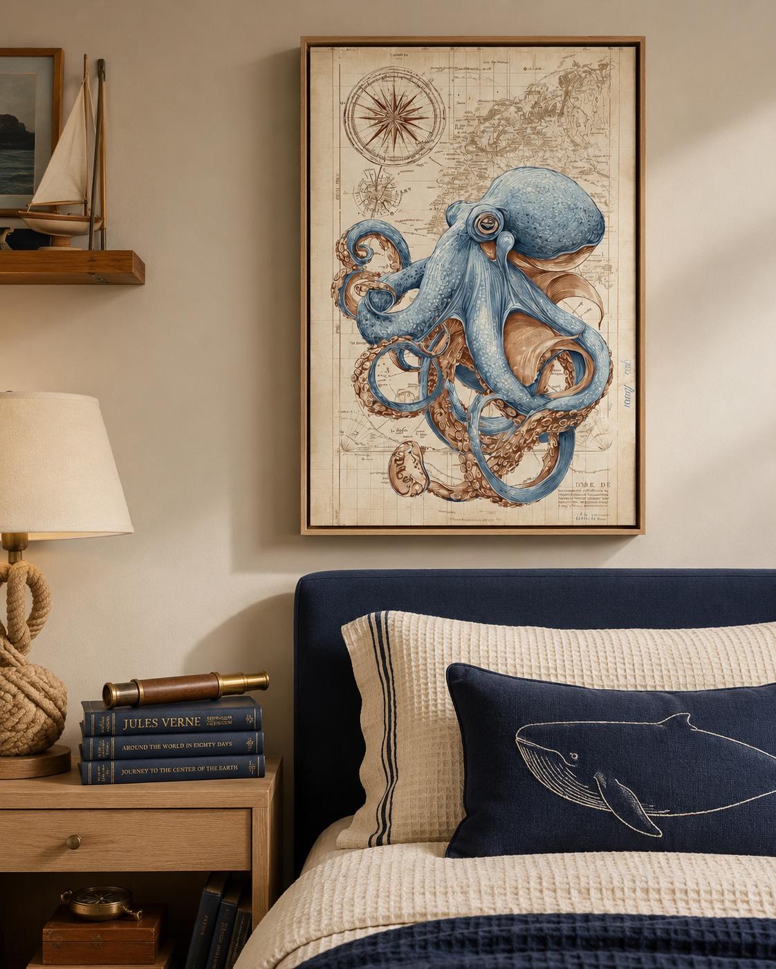 Blue octopus illustration over an antique beige nautical map with compass-like circles