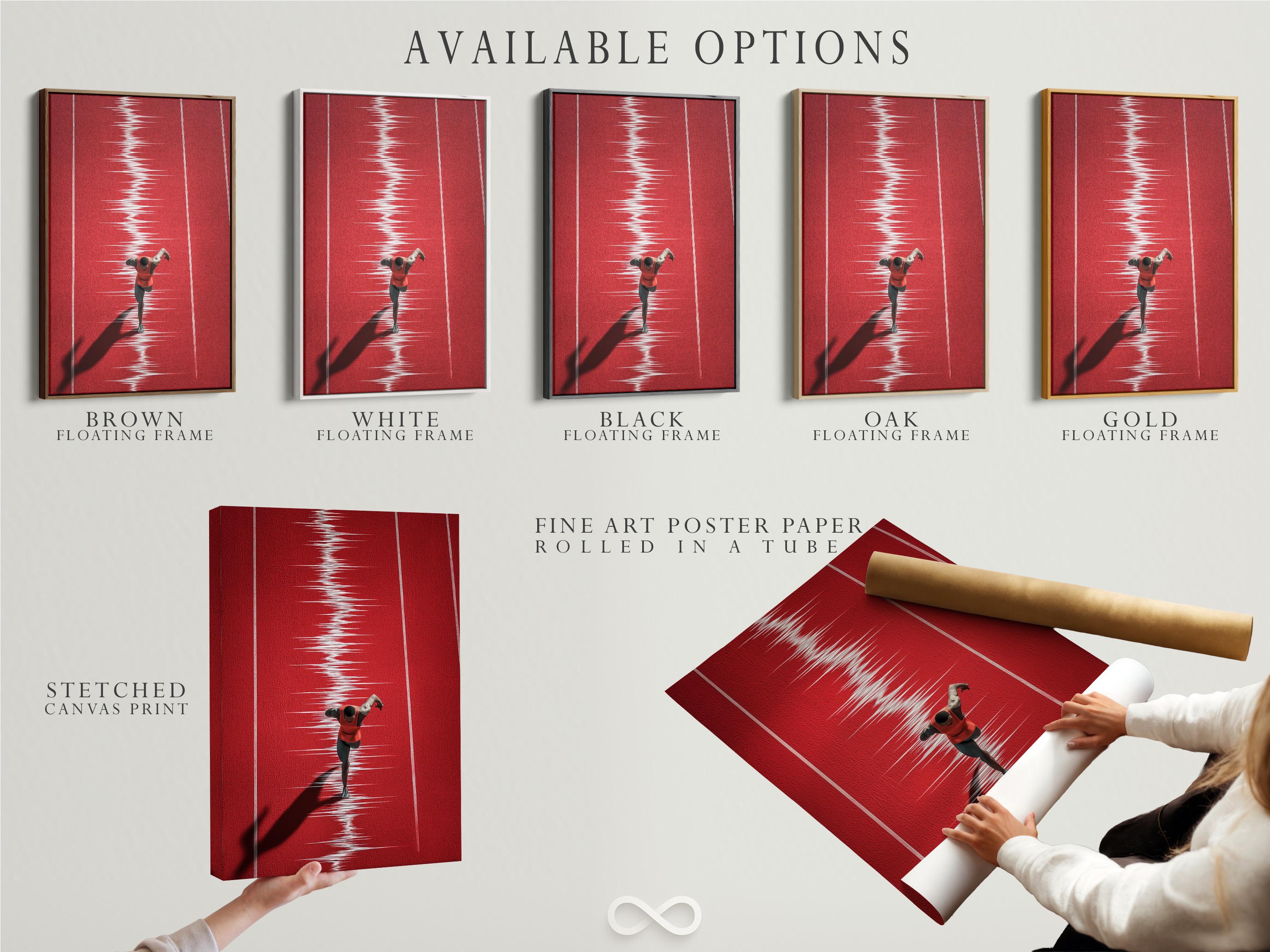 Mockup showing a framed red runner track artwork on a light wall