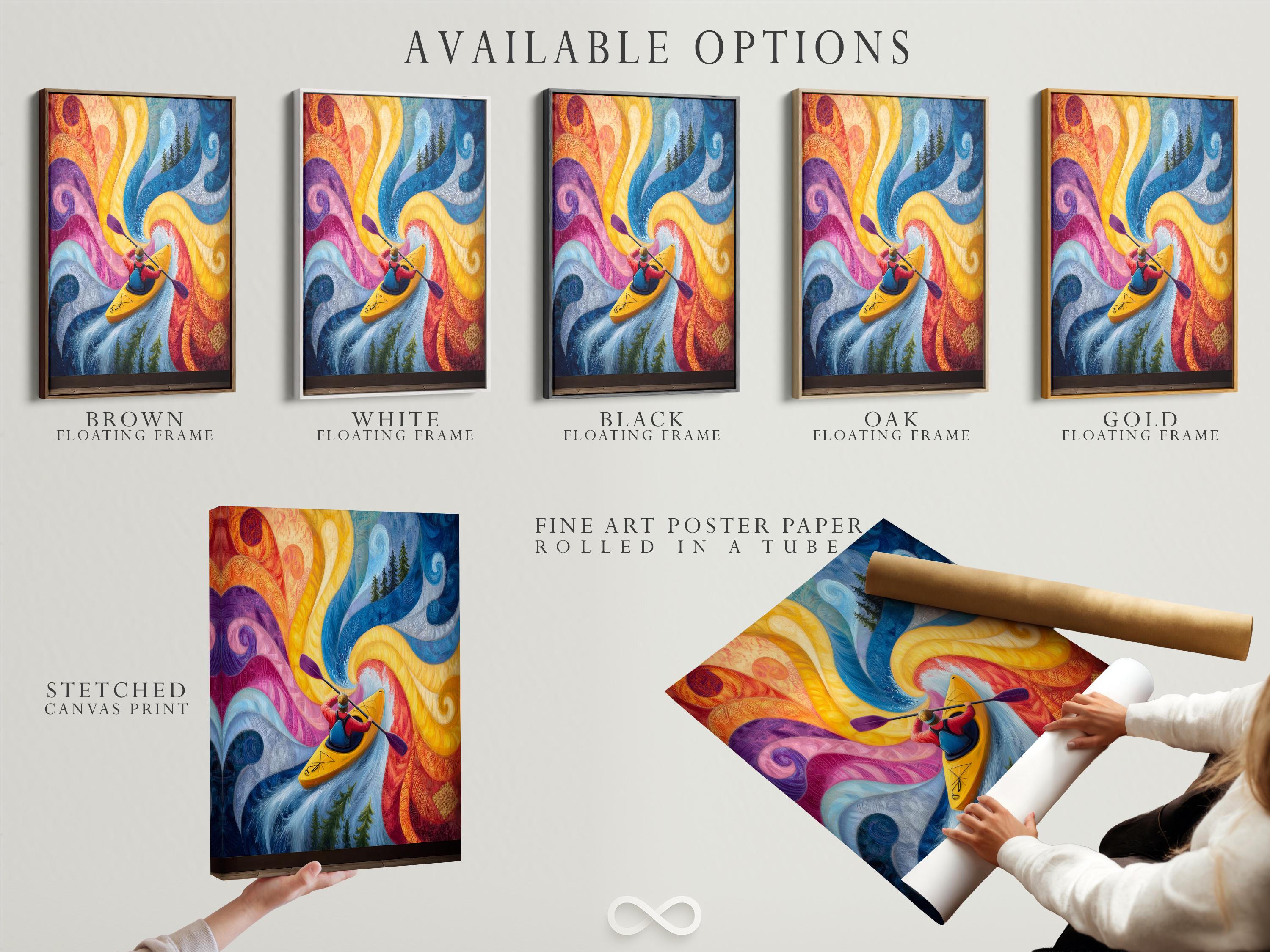 Room mockup showing a framed kayaker river artwork with swirling blue and yellow waves