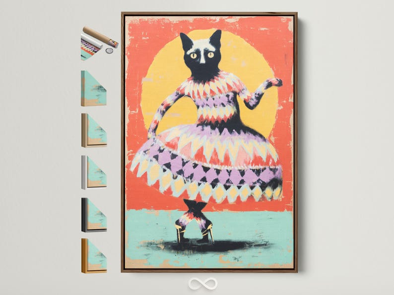 Stylised cat portrait with black and cream markings on orange and aqua textured background