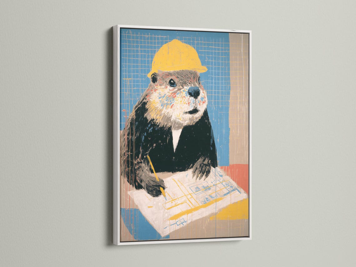Stylised beaver wearing a yellow hard hat on a blue blueprint grid background detail view