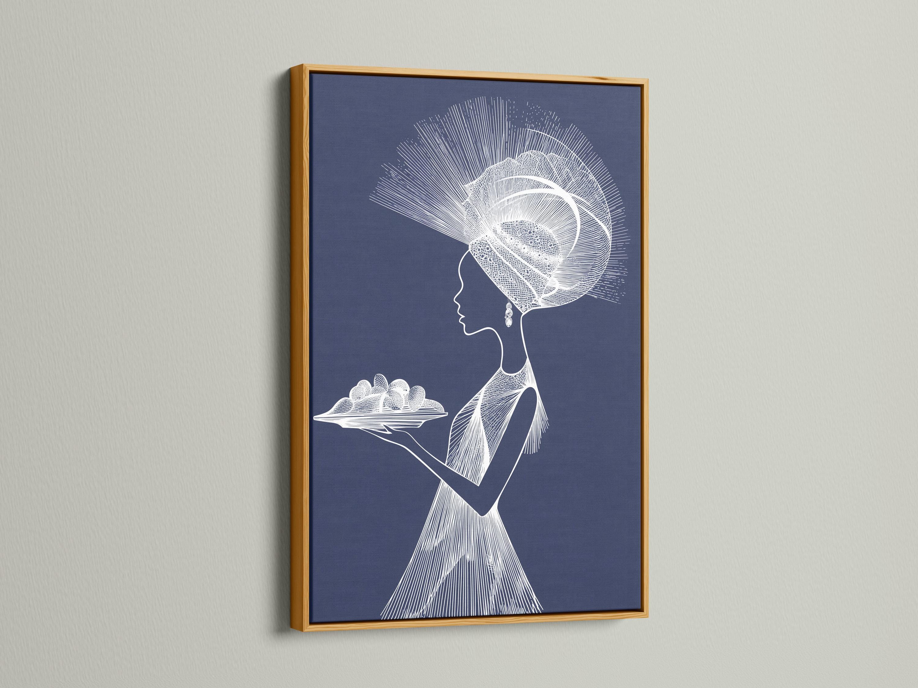Minimalist white line portrait of a woman in profile on a navy blue background with radiating halo strokes detail view