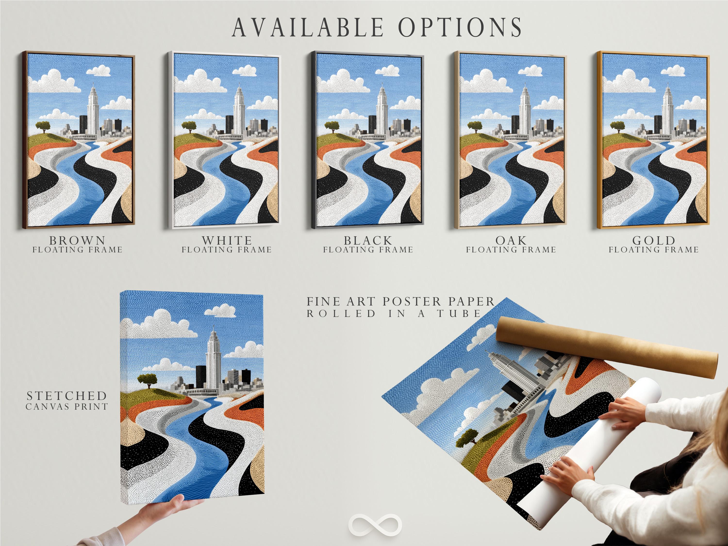 Room mockup showing a framed cityscape artwork with a blue river and skyline