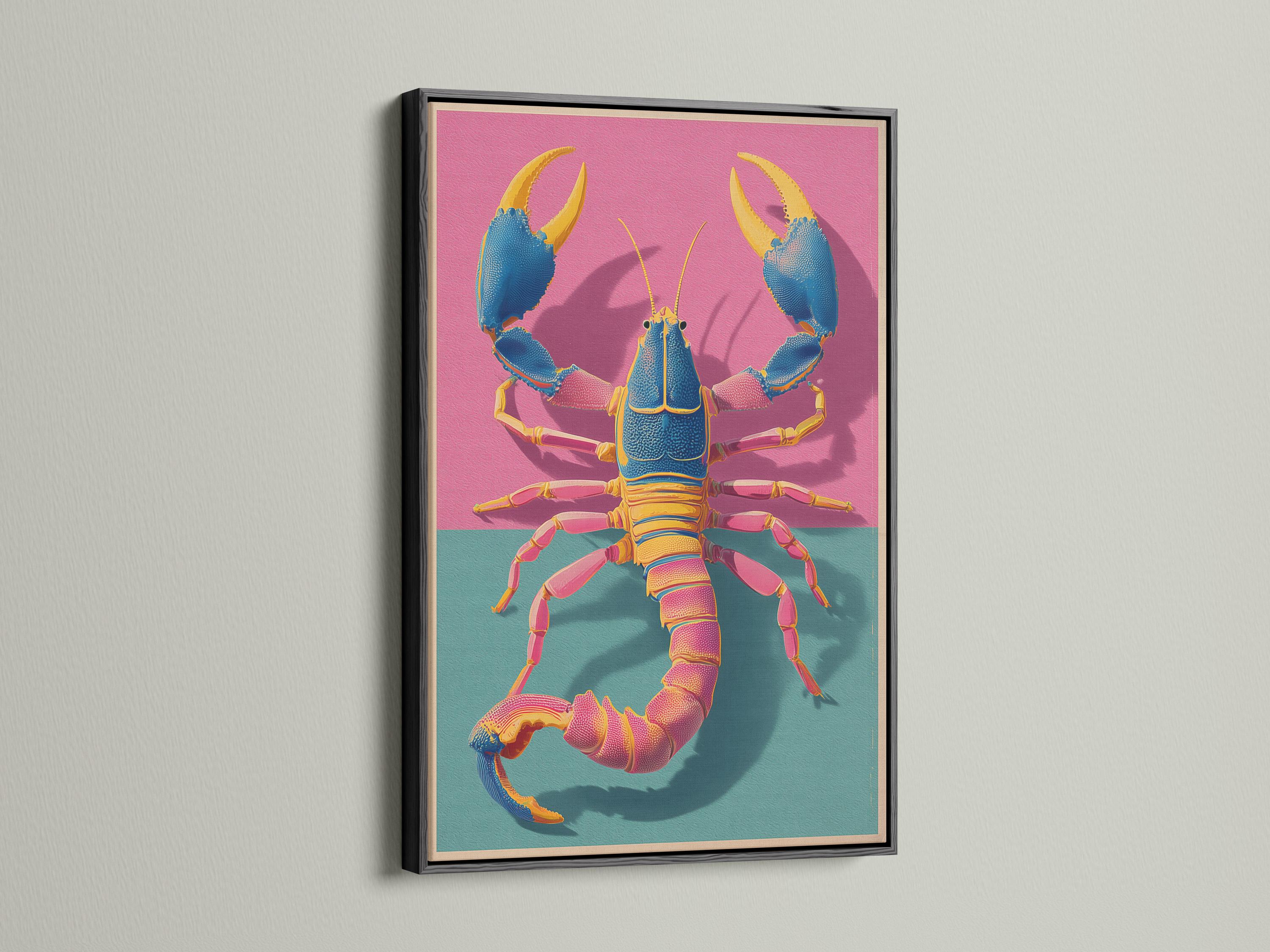 Stylised blue lobster with gold claws on a hot pink and teal sea background detail view