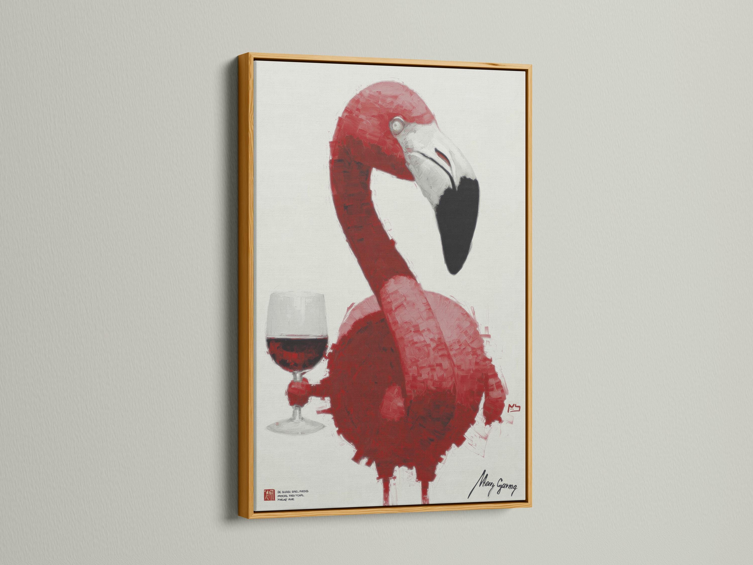 Framed artwork mockup of a pink flamingo with a wine glass